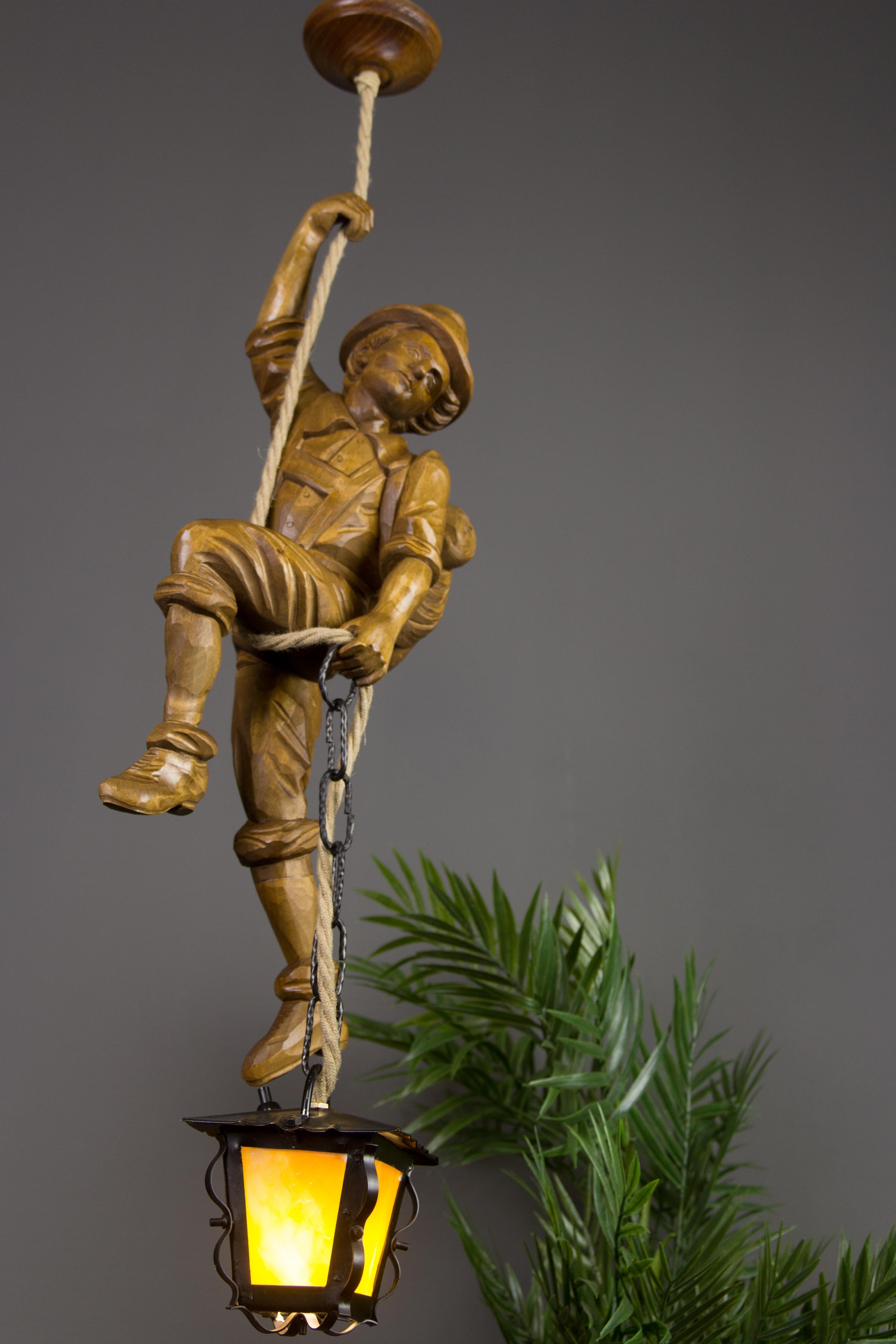 Pendant Light Hand Carved Wood Figure Mountaineer Climber with Lantern, Germany For Sale 13