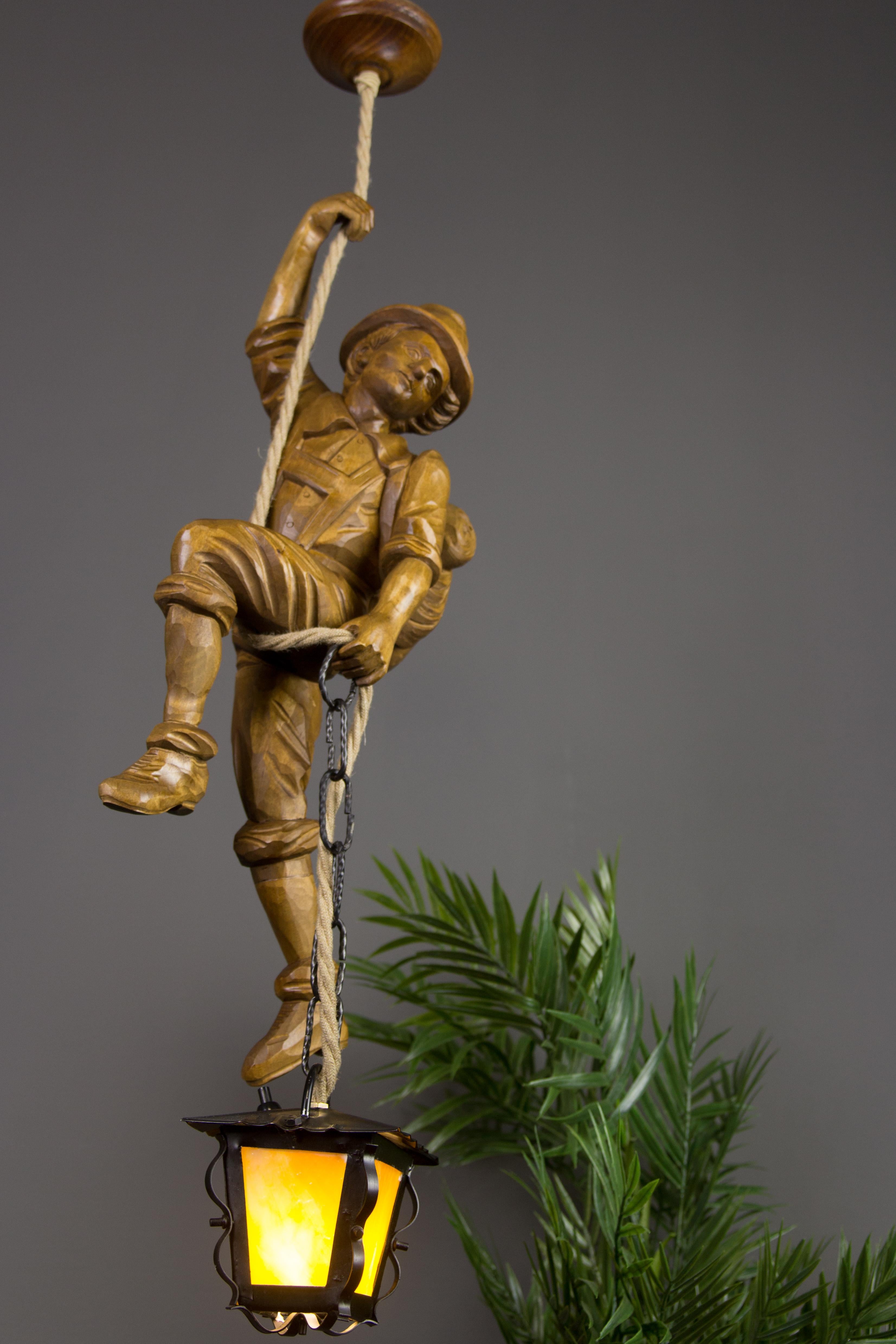 Pendant Light Hand Carved Wood Figure Mountaineer Climber with Lantern, Germany For Sale 10