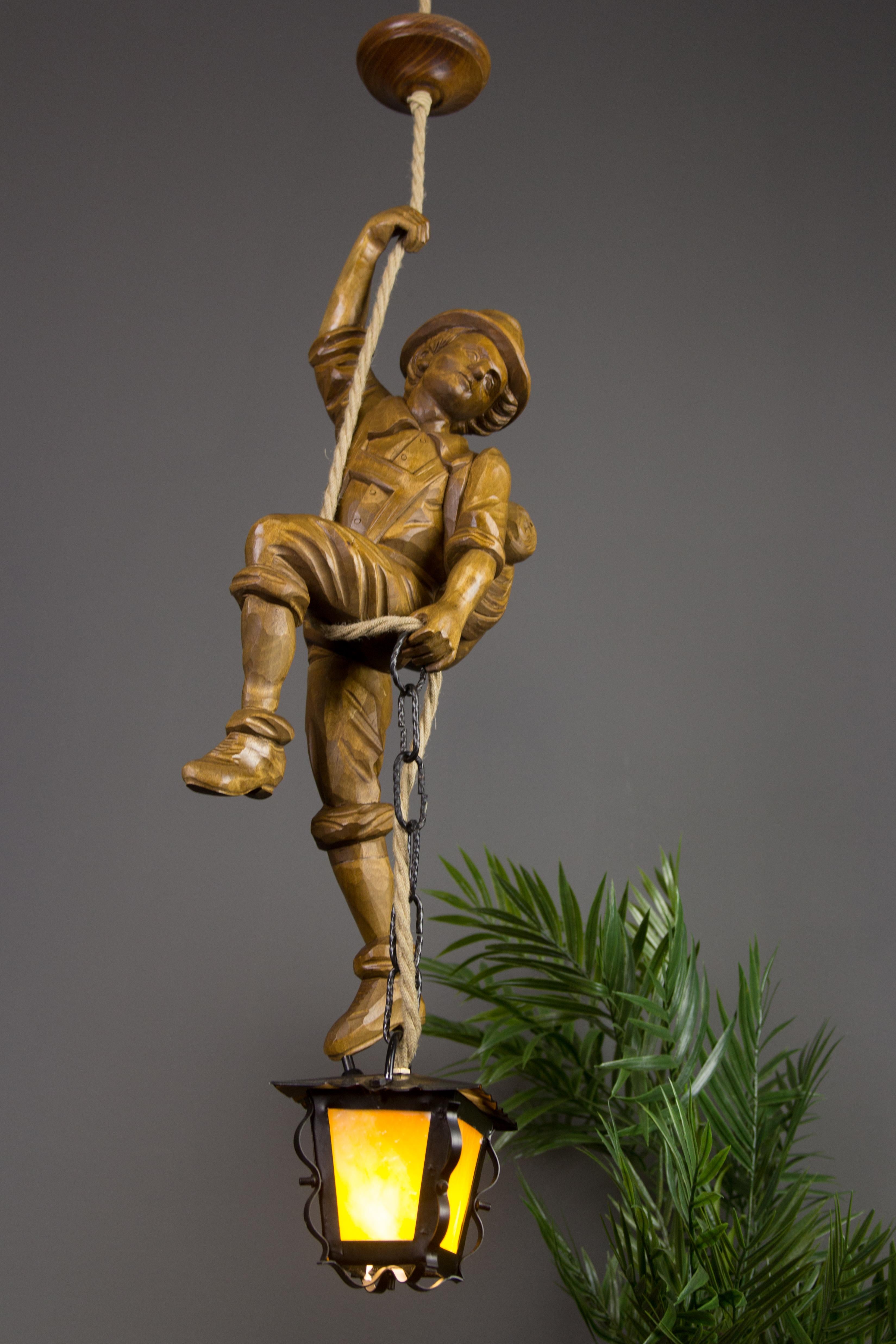 Metal Pendant Light Hand Carved Wood Figure Mountaineer Climber with Lantern, Germany For Sale