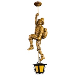 Retro Pendant Light Hand Carved Wood Figure Mountaineer Climber with Lantern, Germany