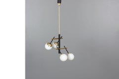 Pendant light in black metal, brass, opaline, 1950