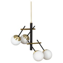 Pendant light in black metal, brass, opaline, 1950