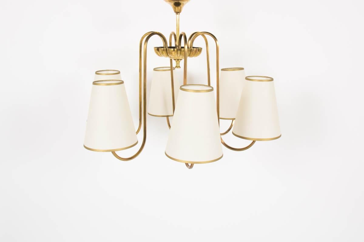 Pendant Light in Brass 6 Lights Beige Lampshade 1950, from France, Gilt Colred 4
