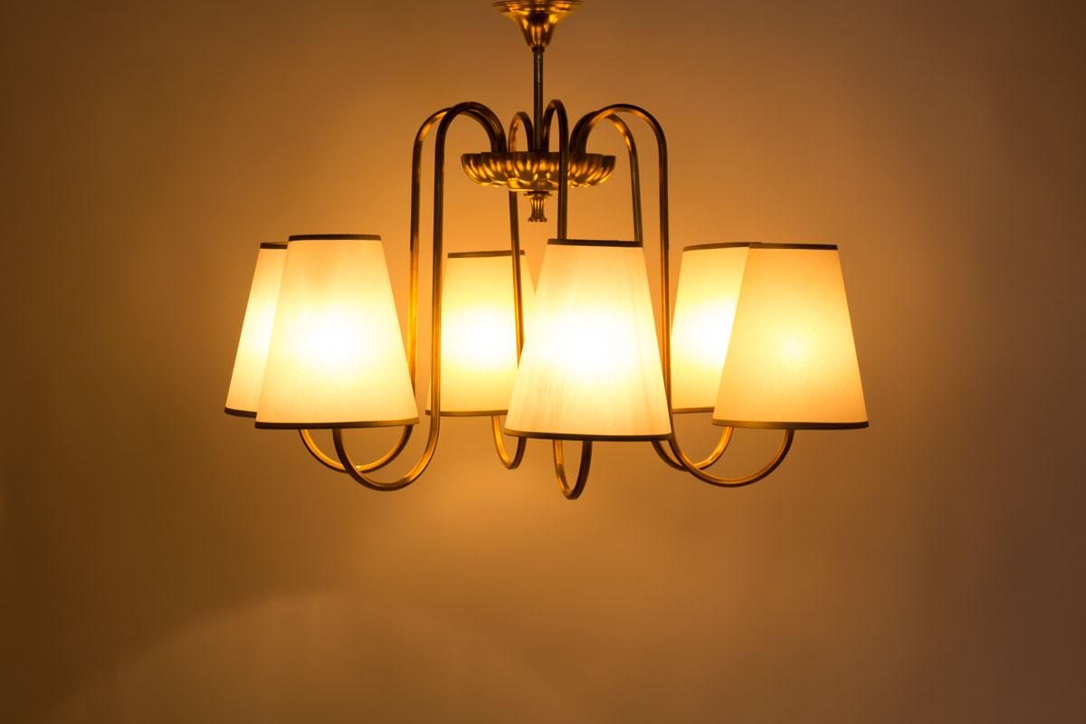 Pendant Light in Brass 6 Lights Beige Lampshade 1950, from France, Gilt Colred 5