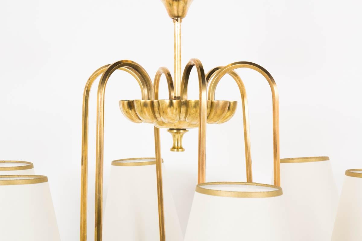 Pendant Light in Brass 6 Lights Beige Lampshade 1950, from France, Gilt Colred In Good Condition In Auribeau sur Siagne, FR