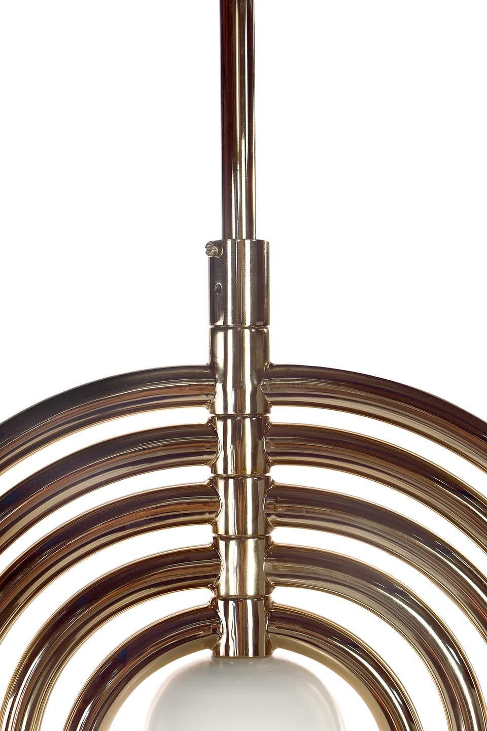 European Pendant Light in Brass and Aluminum with Tube Details For Sale