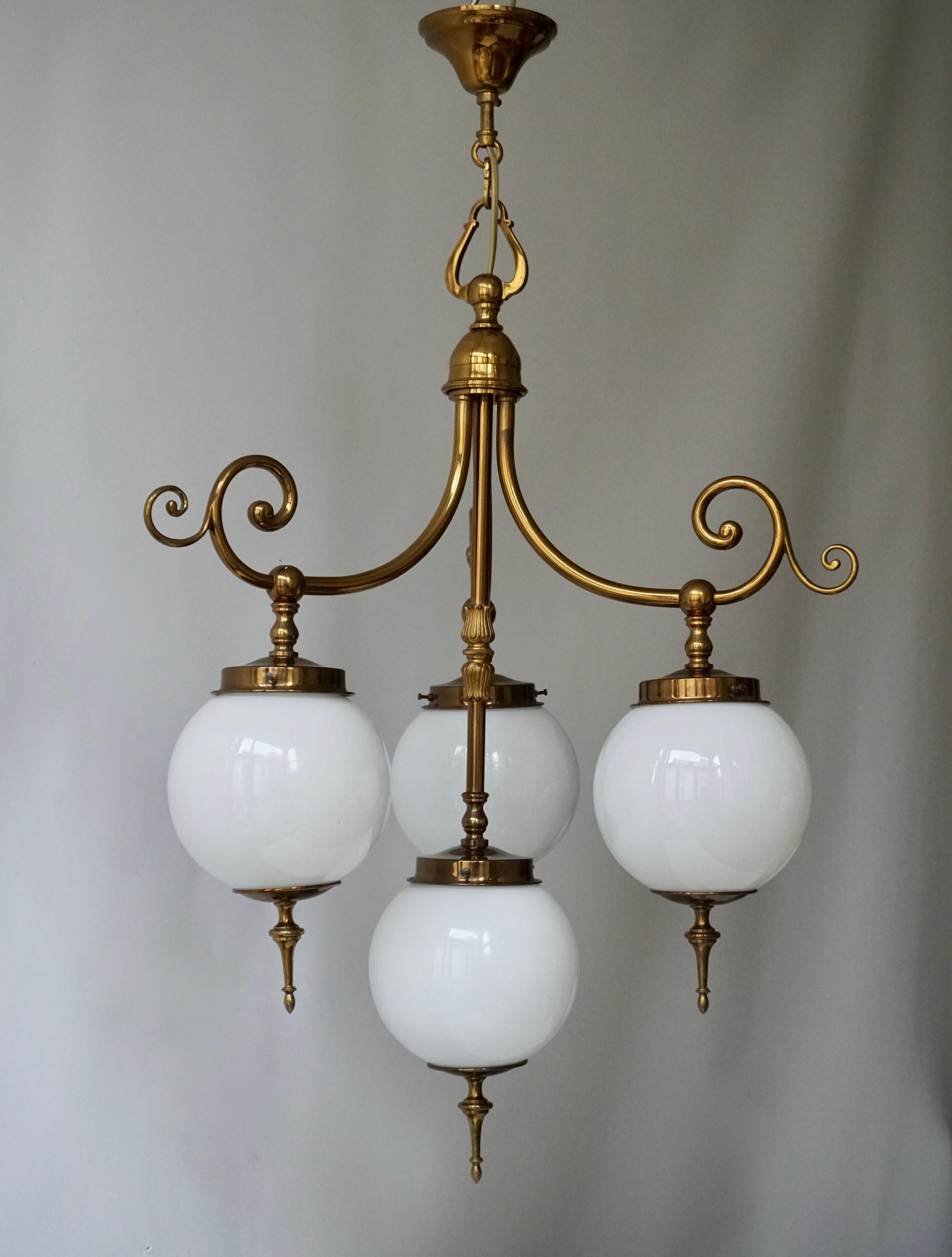 Hollywood Regency Pendant Light in Brass and Opaline Glass