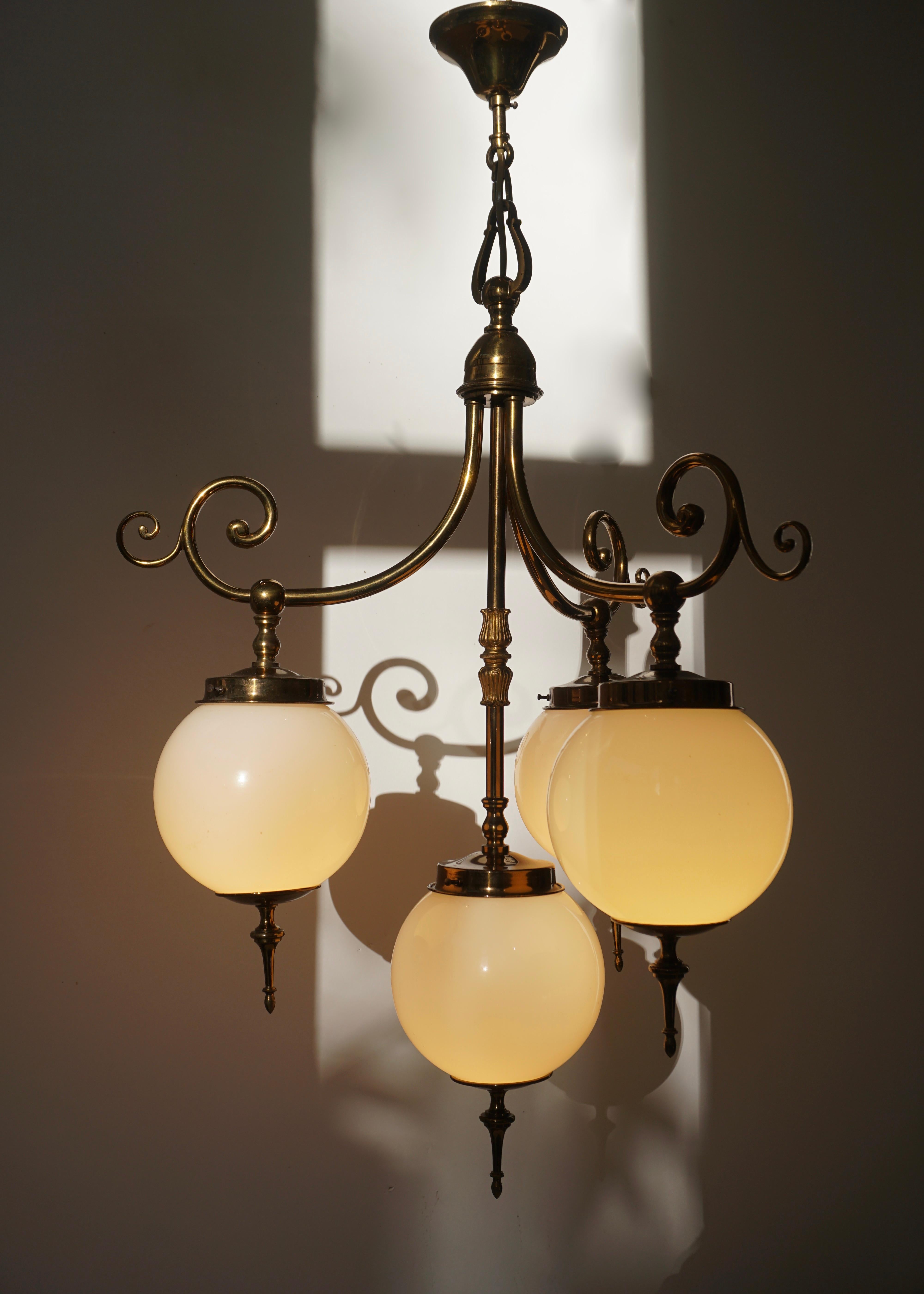 Italian Pendant Light in Brass and Opaline Glass