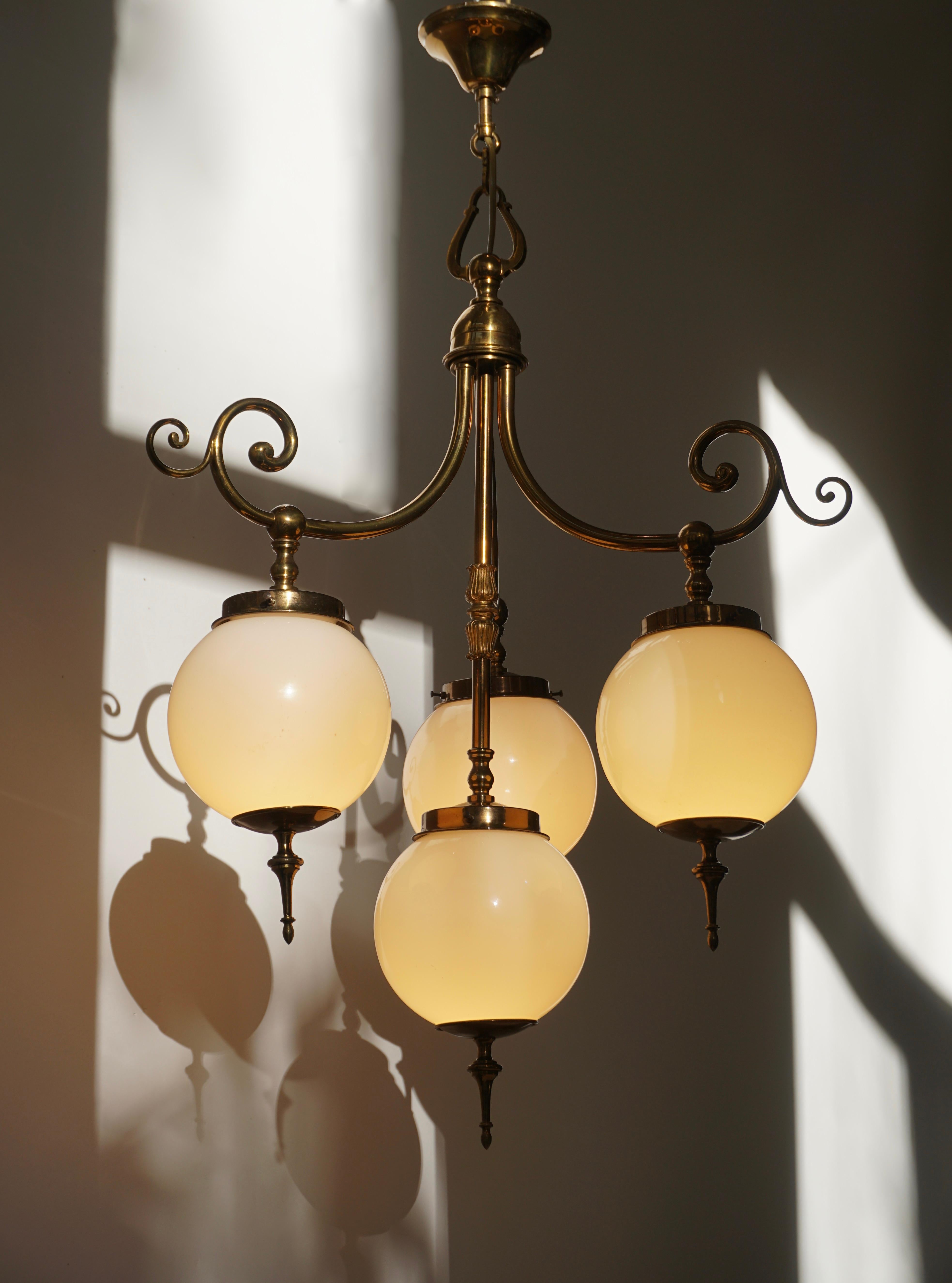 Pendant Light in Brass and Opaline Glass In Good Condition In Antwerp, BE
