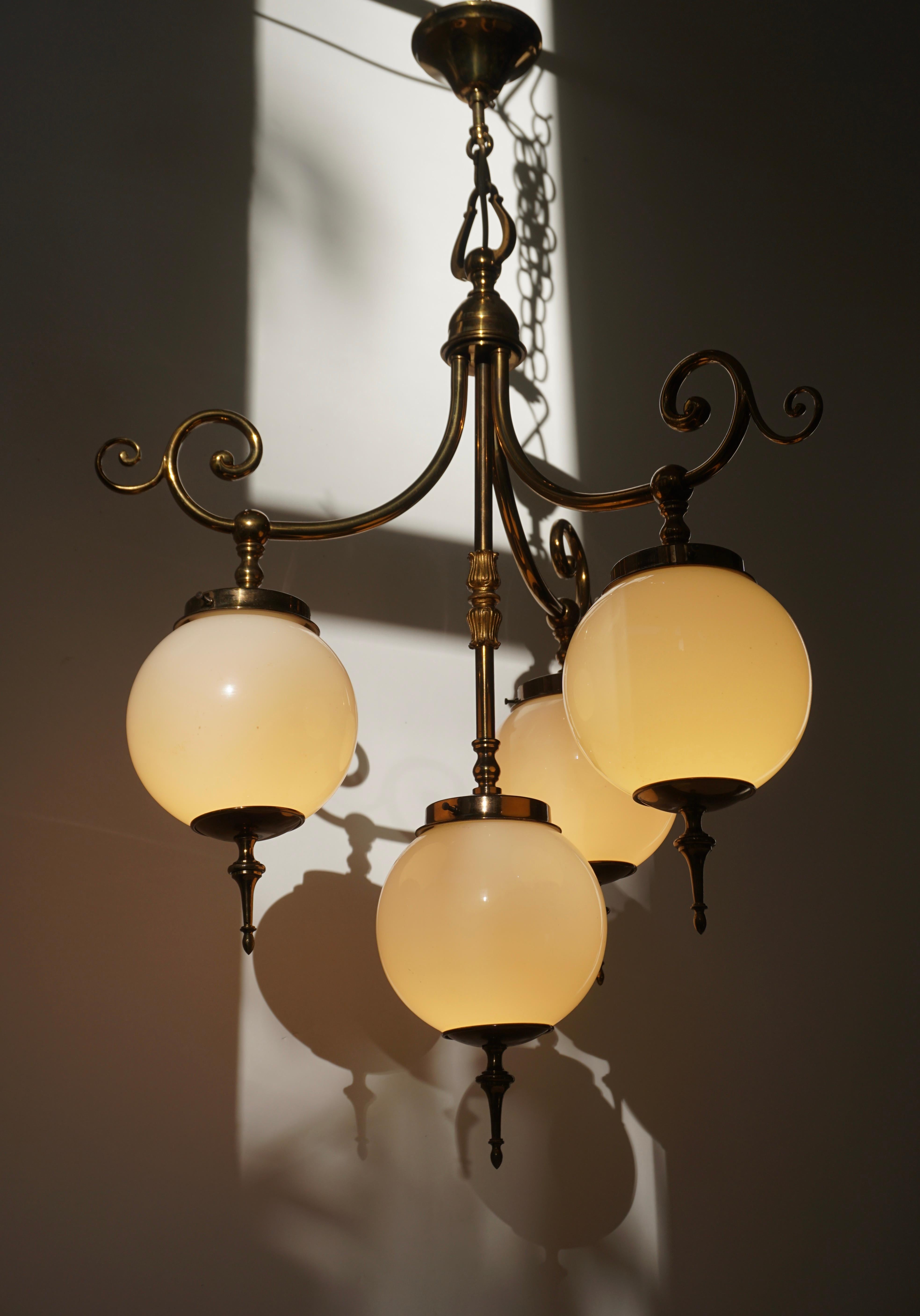 20th Century Pendant Light in Brass and Opaline Glass