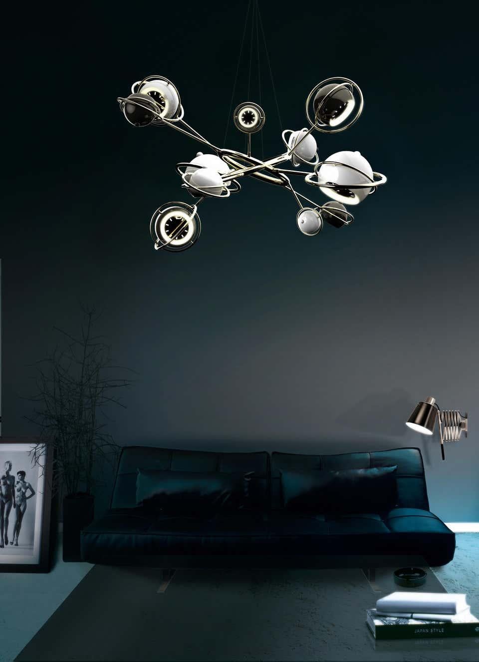 European Pendant Light in Brass and Steel with Black and White Globes For Sale