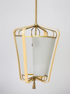 Pendant light in brass, glass and laquered metal design by Angelo Lelli circa 50