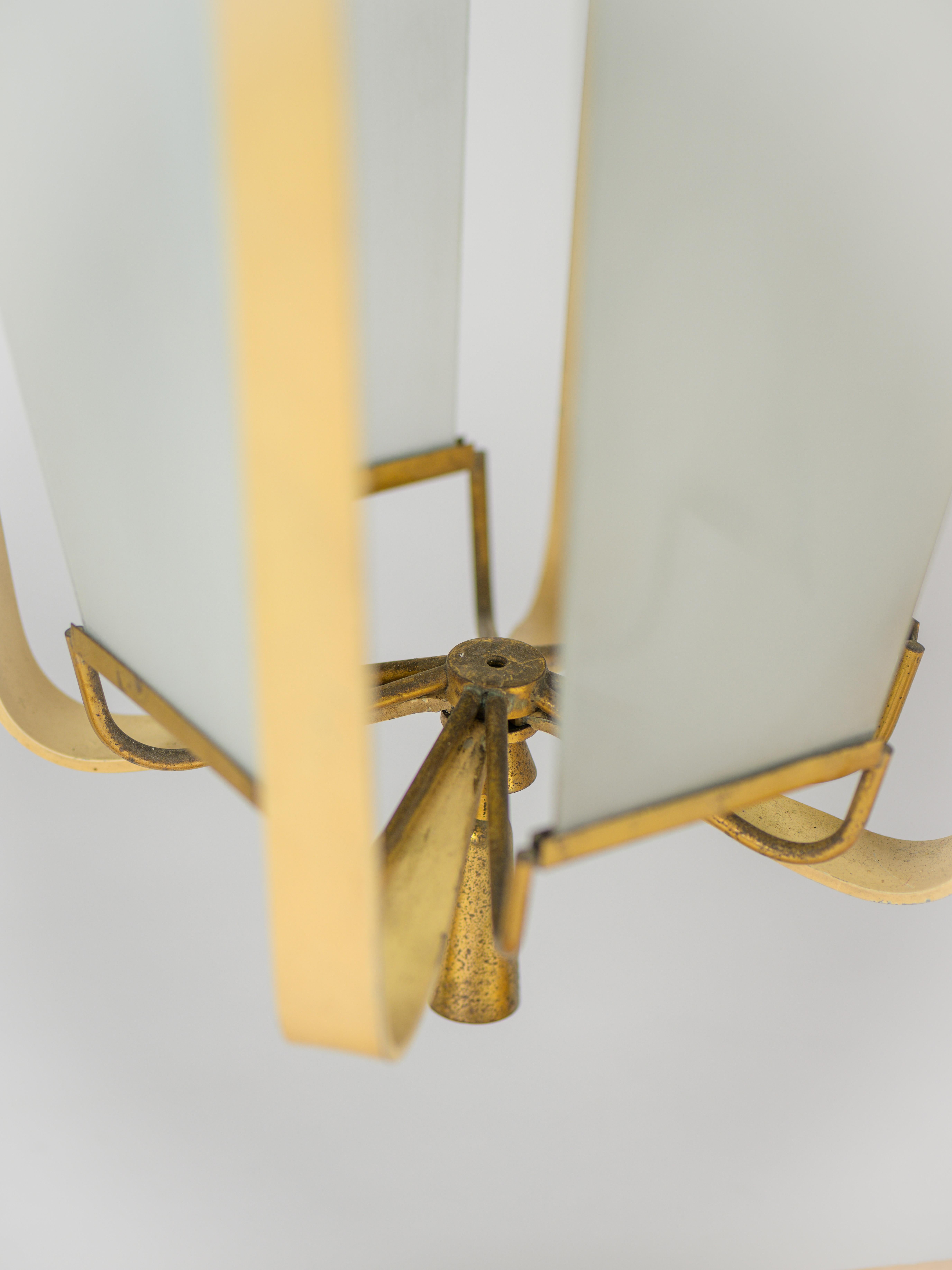 Mid-20th Century Pendant light in brass, glass and laquered metal design by Angelo Lelli circa 50 For Sale