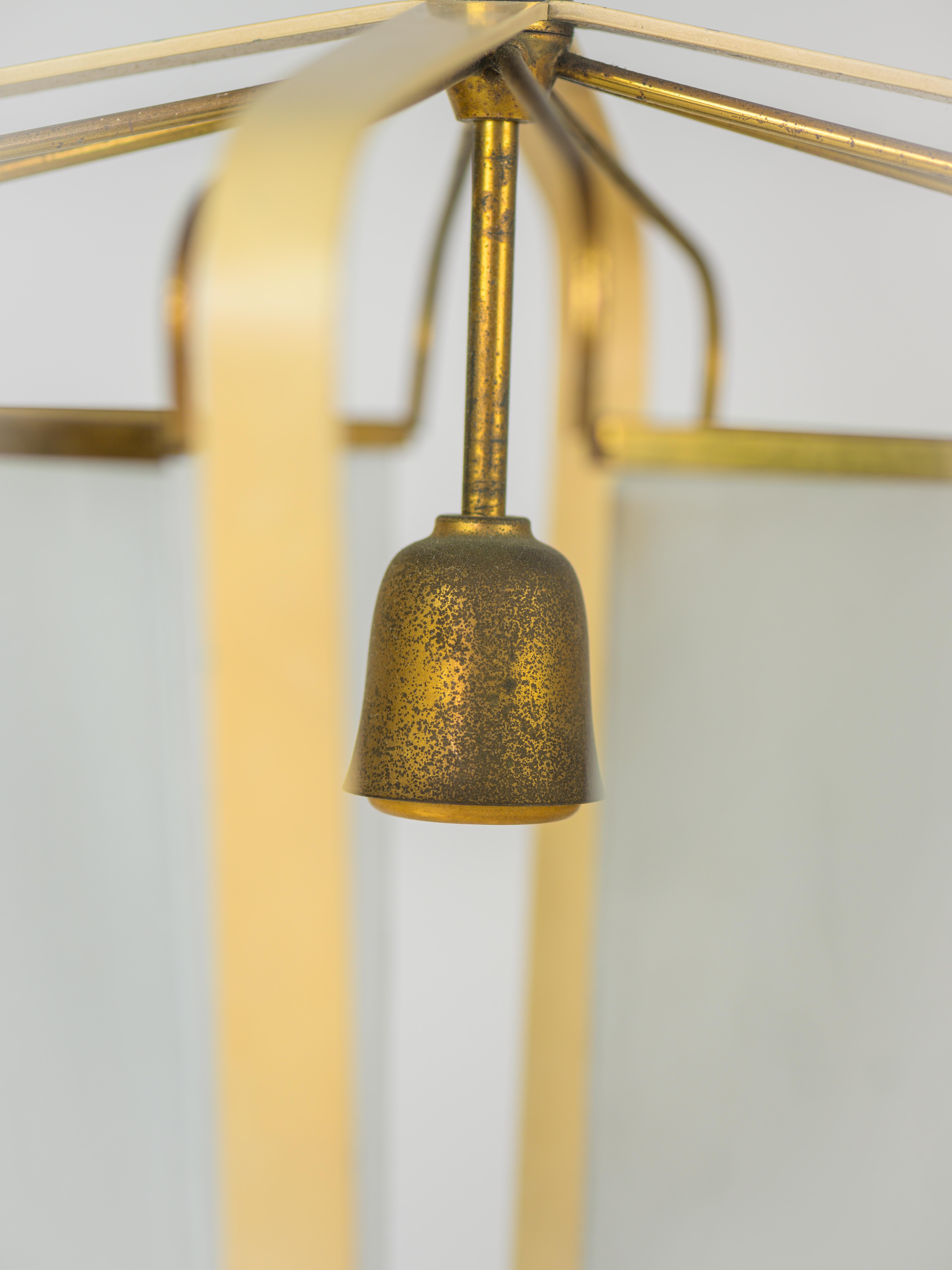 Metal Pendant light in brass, glass and laquered metal design by Angelo Lelli circa 50 For Sale