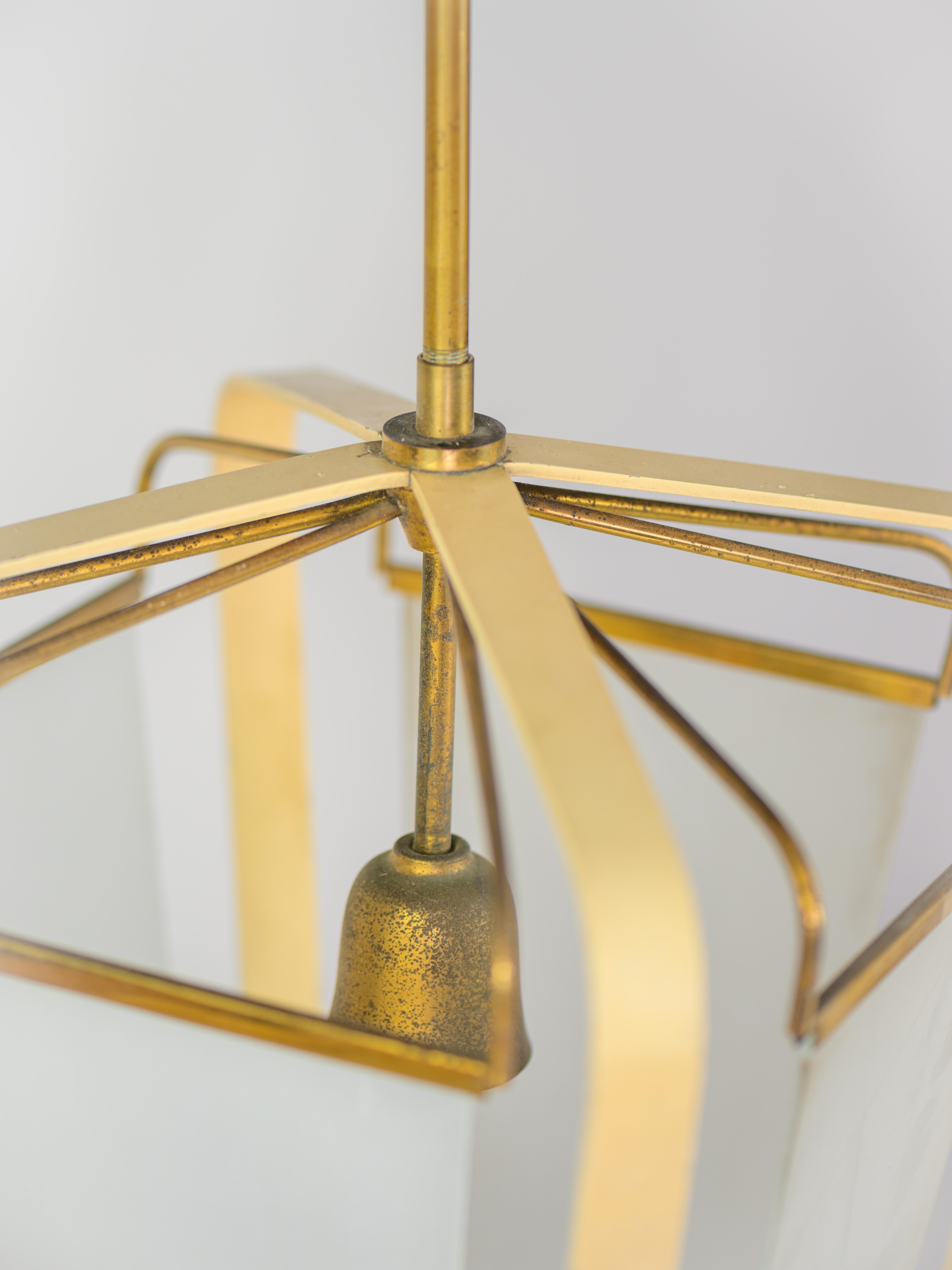 Pendant light in brass, glass and laquered metal design by Angelo Lelli circa 50 For Sale 1
