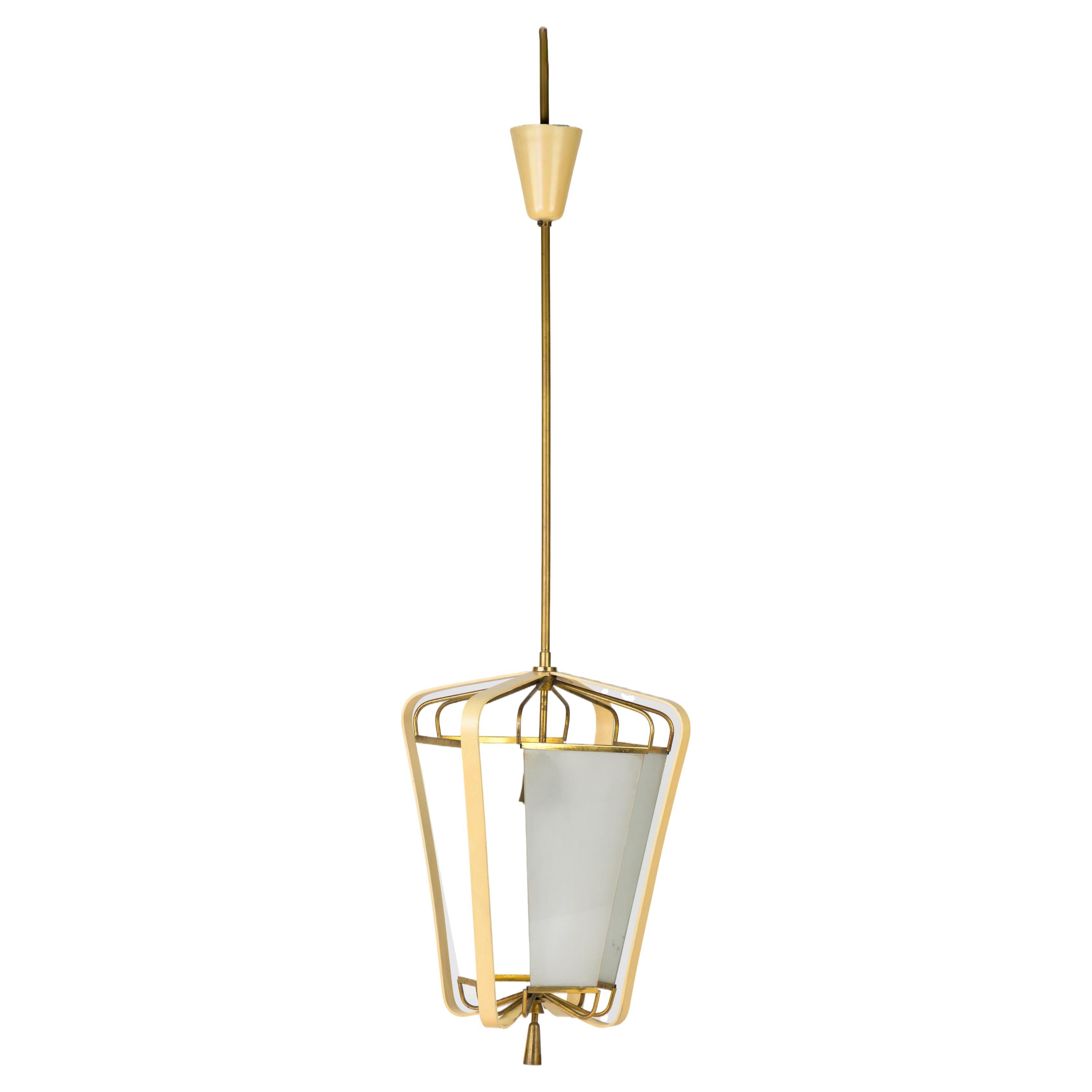 Pendant light in brass, glass and laquered metal design by Angelo Lelli circa 50