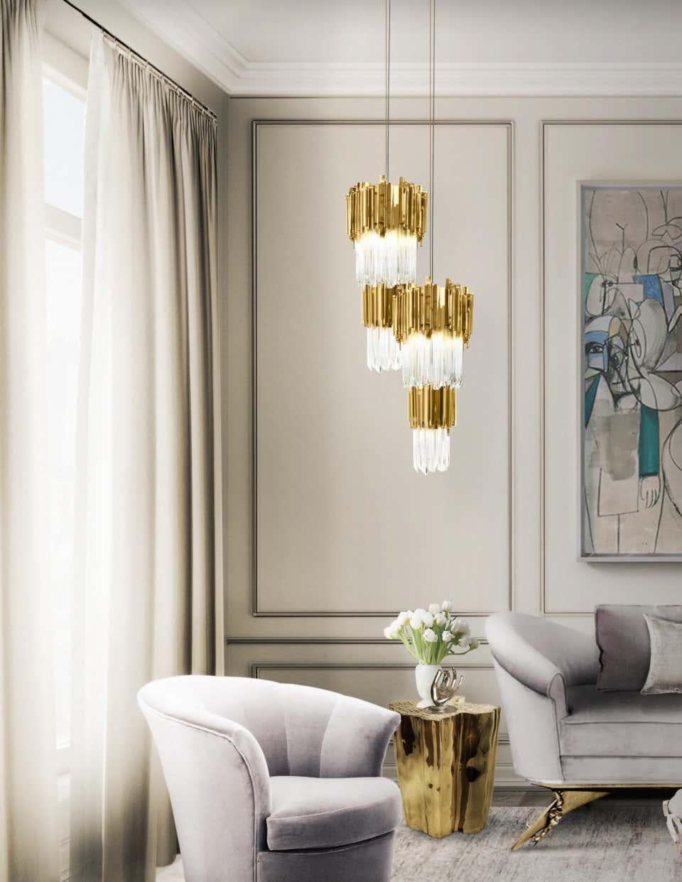 European Pendant Light in Brass with Crystal Glass Details For Sale