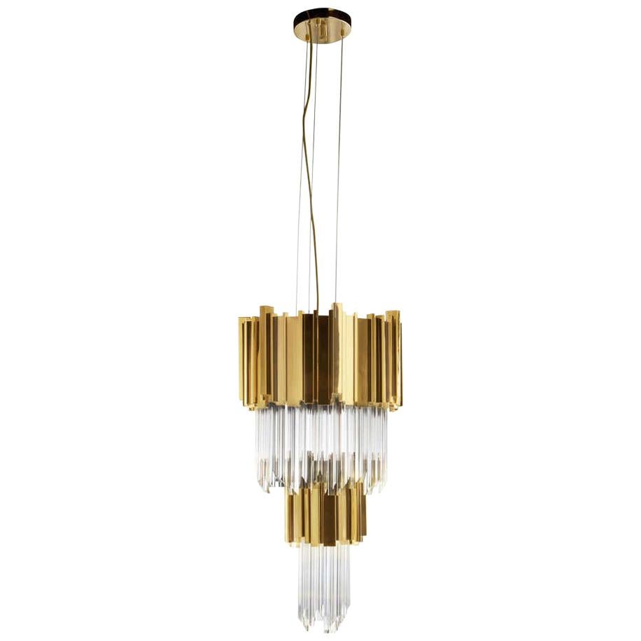 Pendant Light in Brass with Crystal Glass Details For Sale