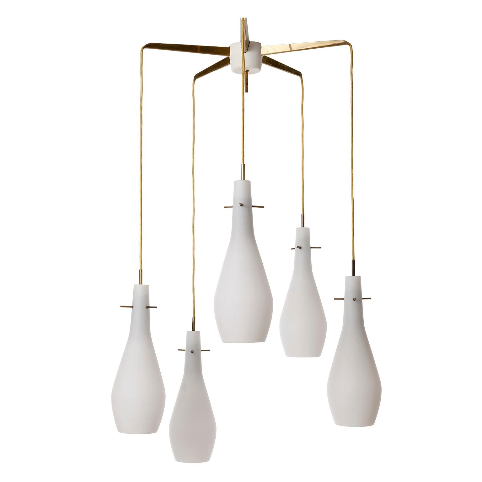 Mid-Century Modern Pendant Light Kalmar 'Pendelstern', Brass Opaline Frosted White Milk Glass, 1960 For Sale