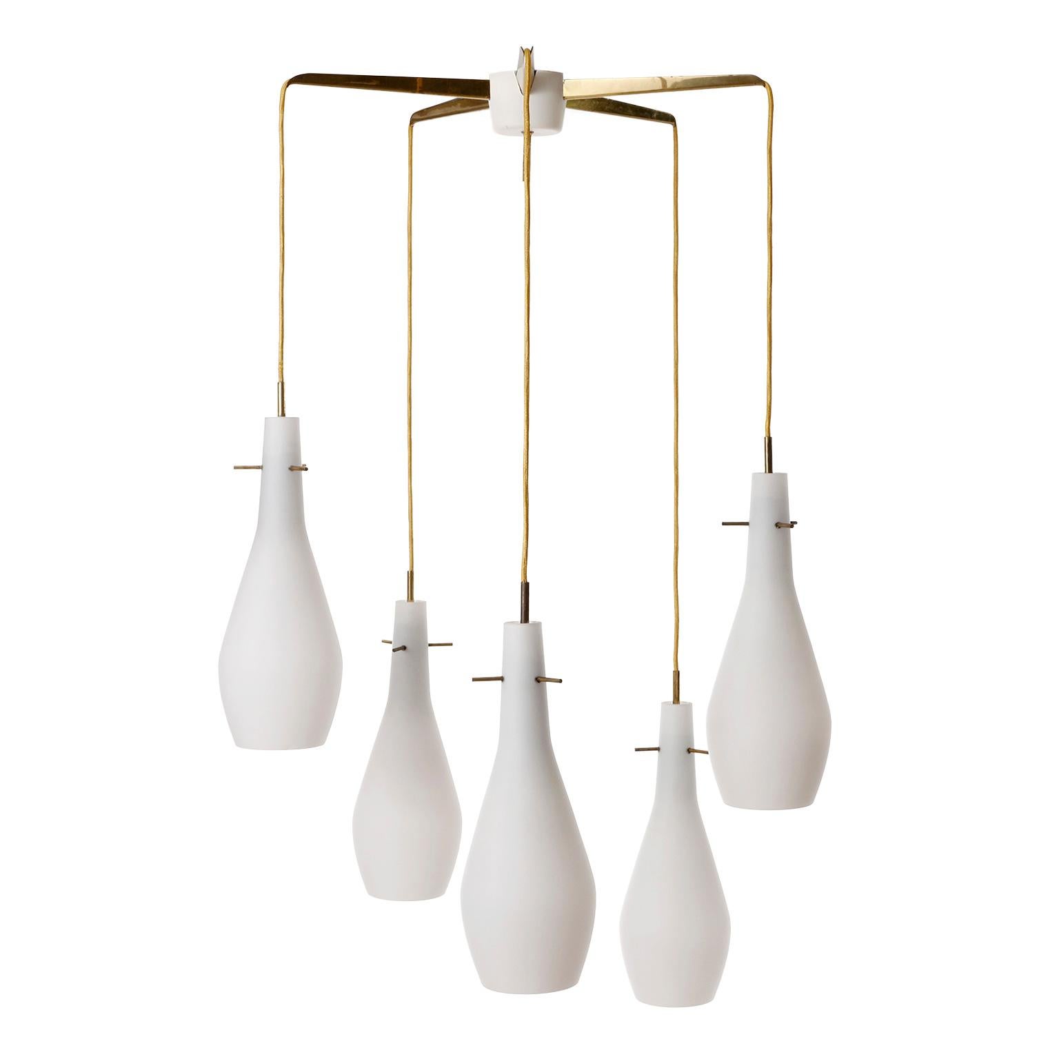 Austrian Pendant Light Kalmar 'Pendelstern', Brass Opaline Frosted White Milk Glass, 1960 For Sale