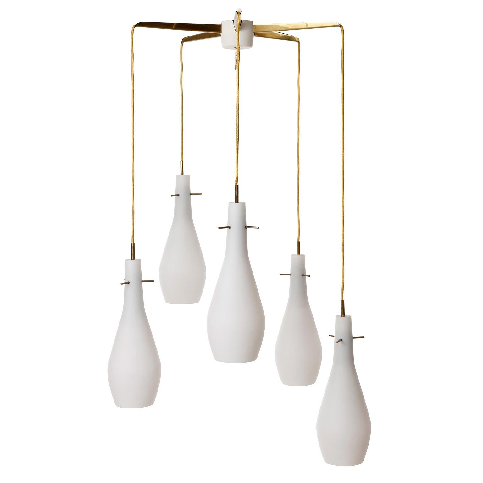 Polished Pendant Light Kalmar 'Pendelstern', Brass Opaline Frosted White Milk Glass, 1960 For Sale
