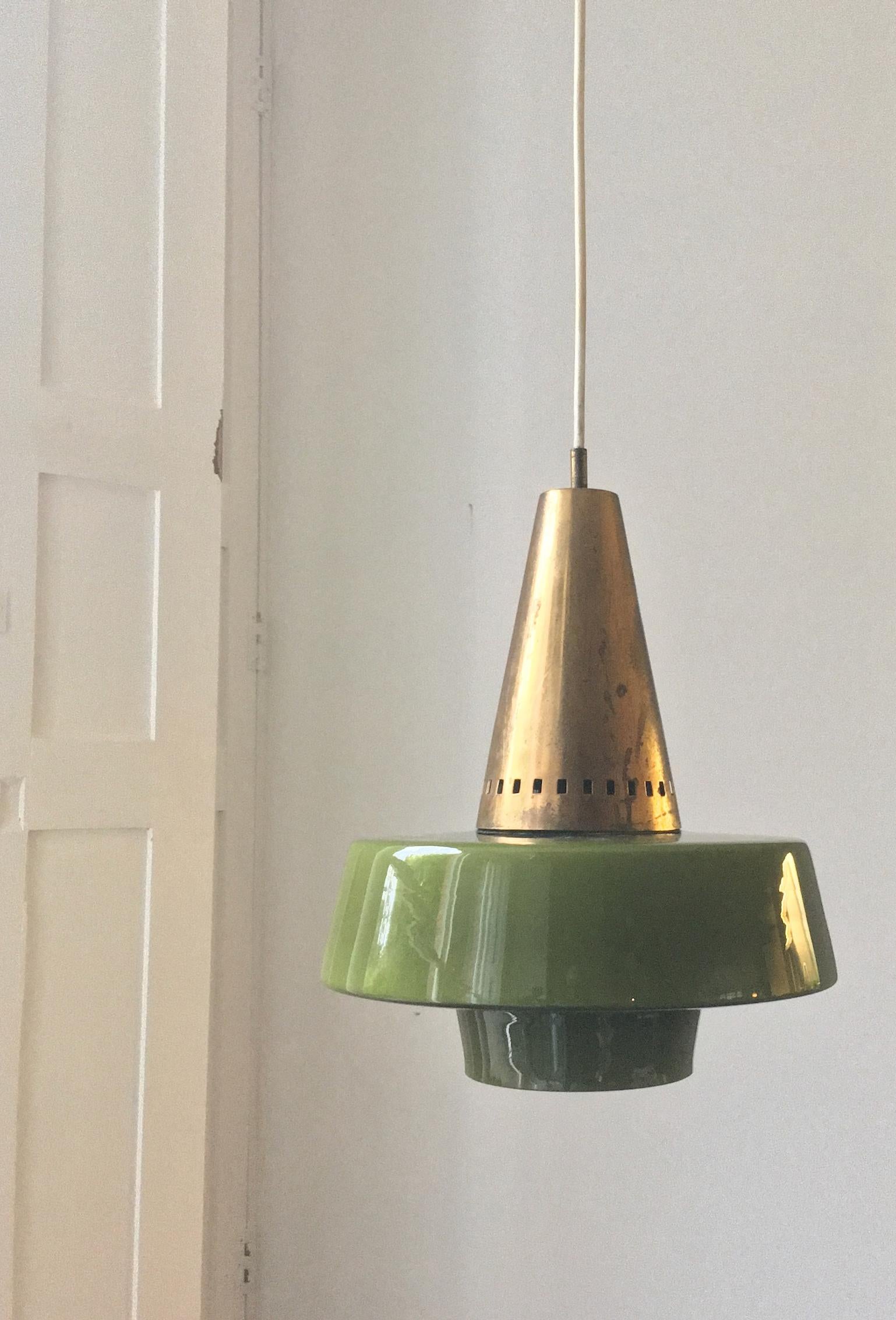 Pendant Light of Brass and Green Cased Glass, by Stilnovo, Italy 'Yellow Label' 7