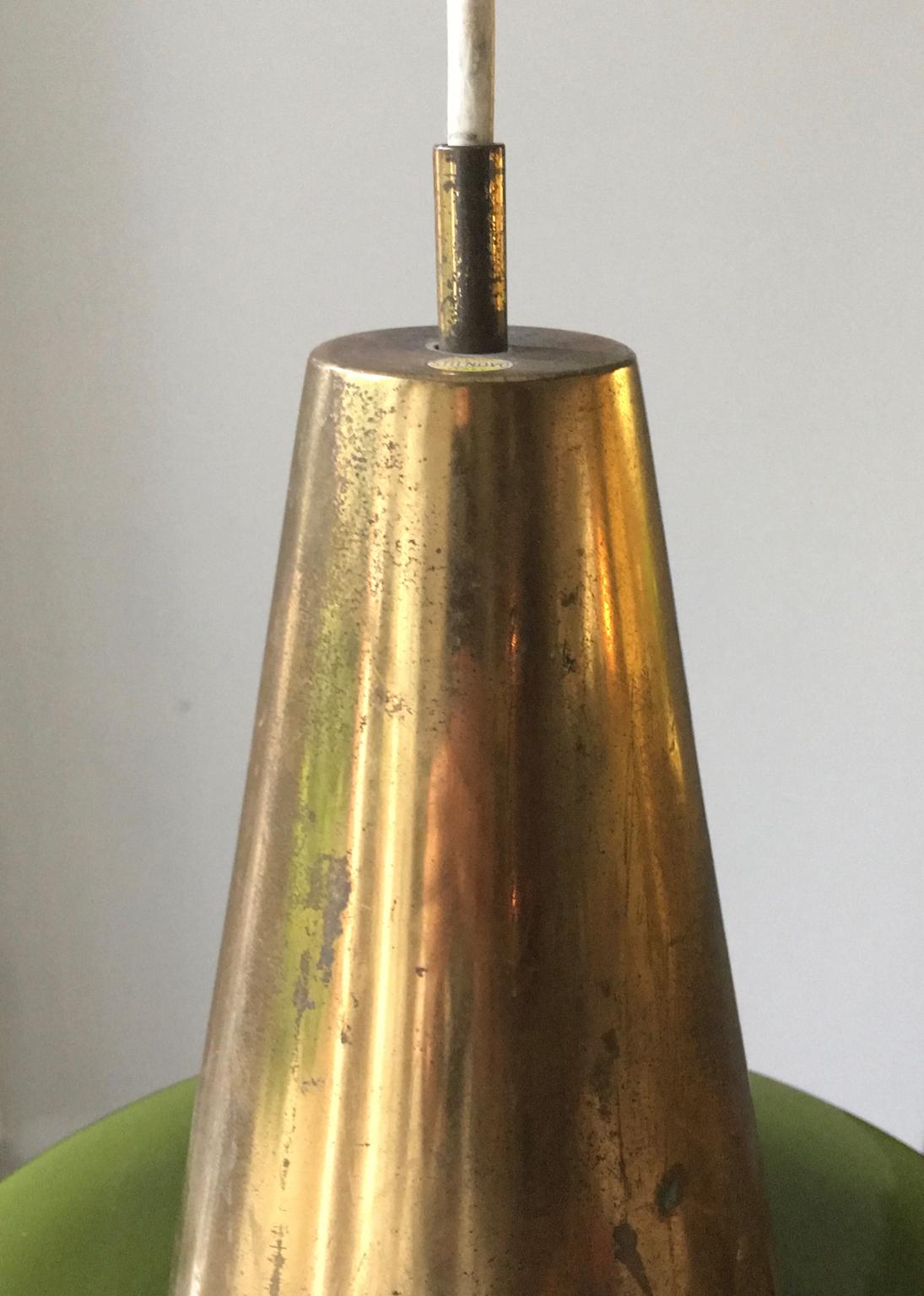 Italian Pendant Light of Brass and Green Cased Glass, by Stilnovo, Italy 'Yellow Label'