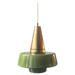 Pendant Light of Brass and Green Cased Glass, by Stilnovo, Italy 'Yellow Label'