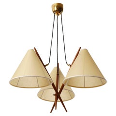 Pendant Light, Rupert Nikoll, Brass Wood Parchment Shades, 1960s
