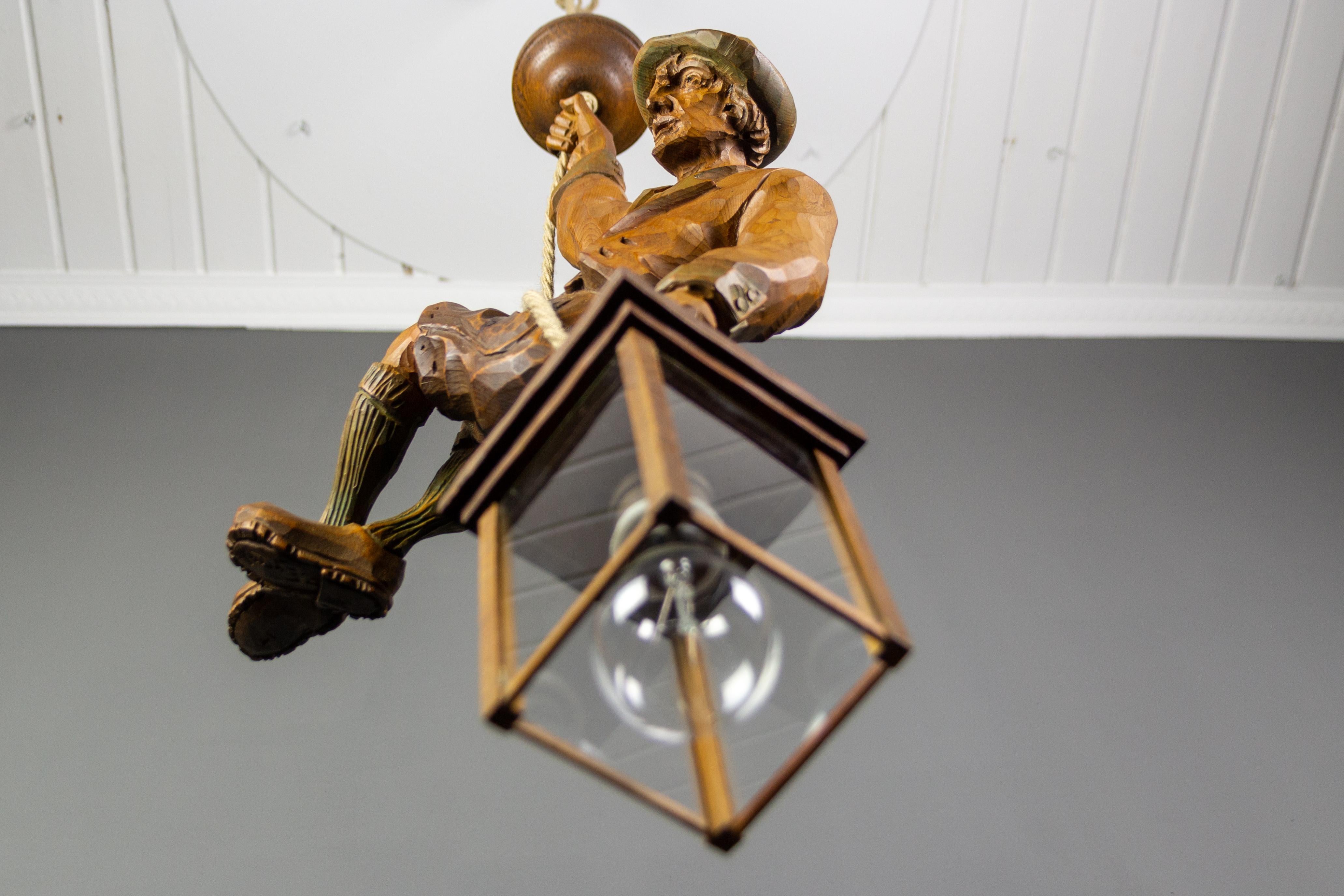 Pendant Light with a Large Wooden Figure Mountain Climber with Lantern, Germany For Sale 4