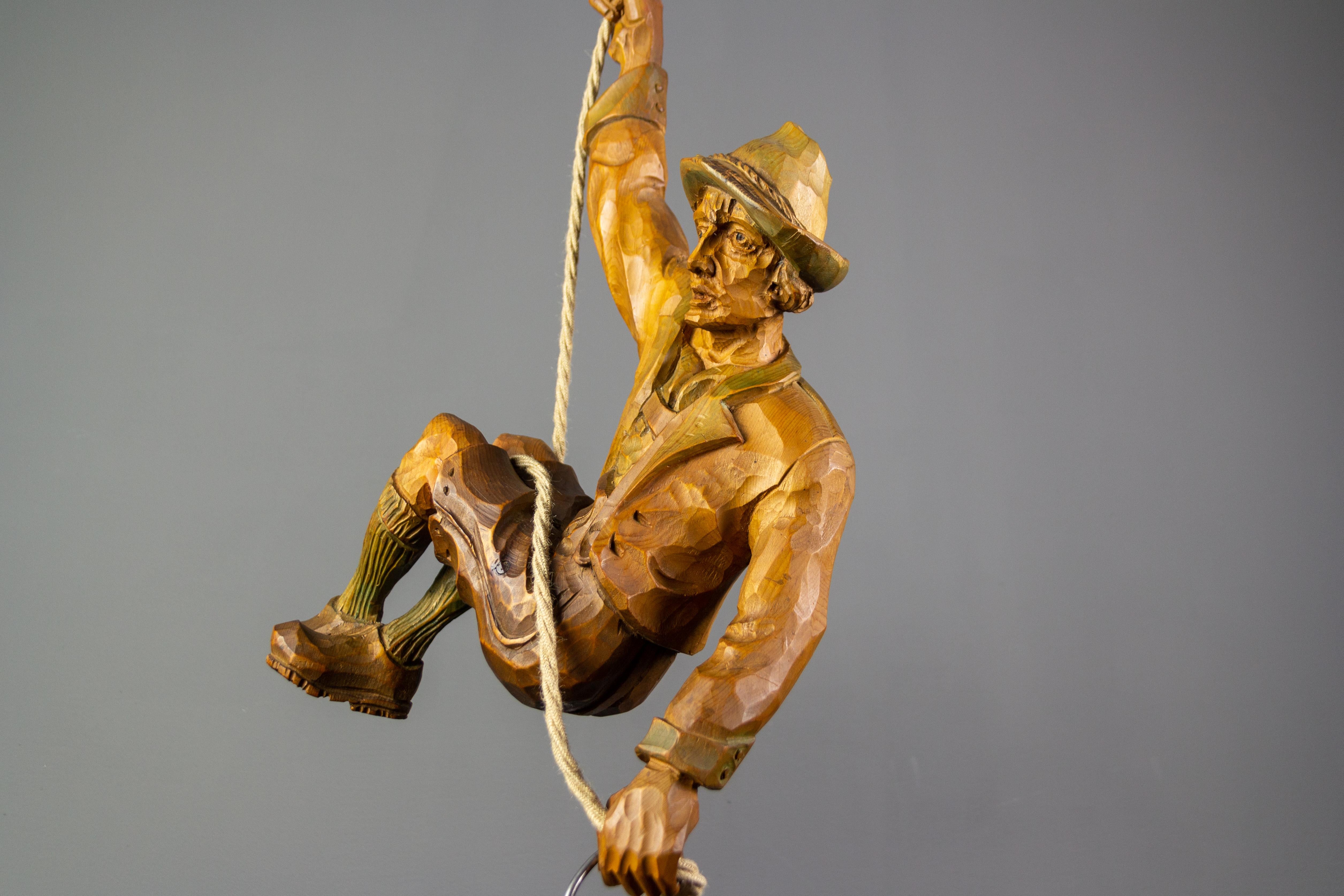 Pendant Light with a Large Wooden Figure Mountain Climber with Lantern, Germany For Sale 4