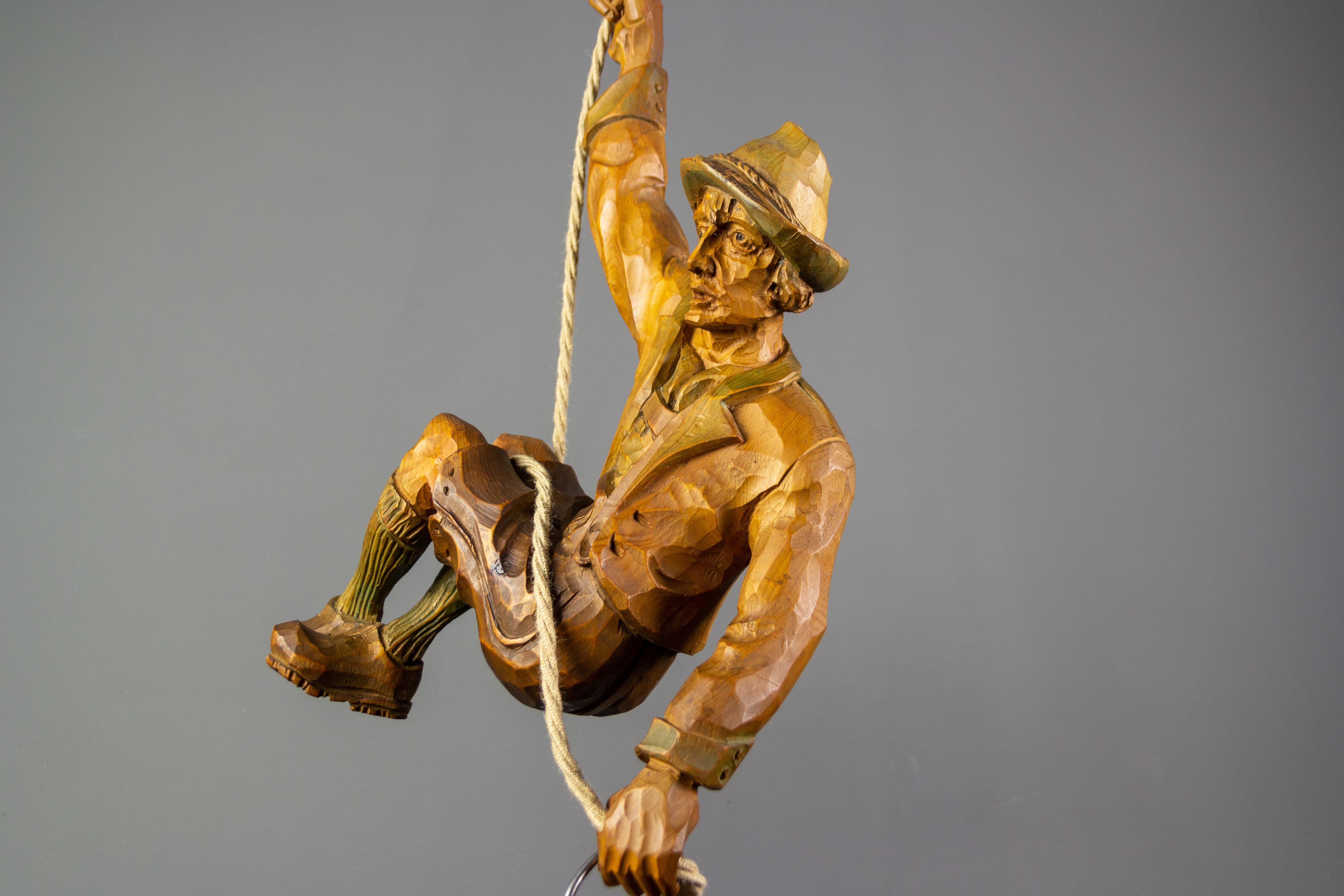 Pendant Light with a Large Wooden Figure Mountain Climber with Lantern, Germany For Sale 5