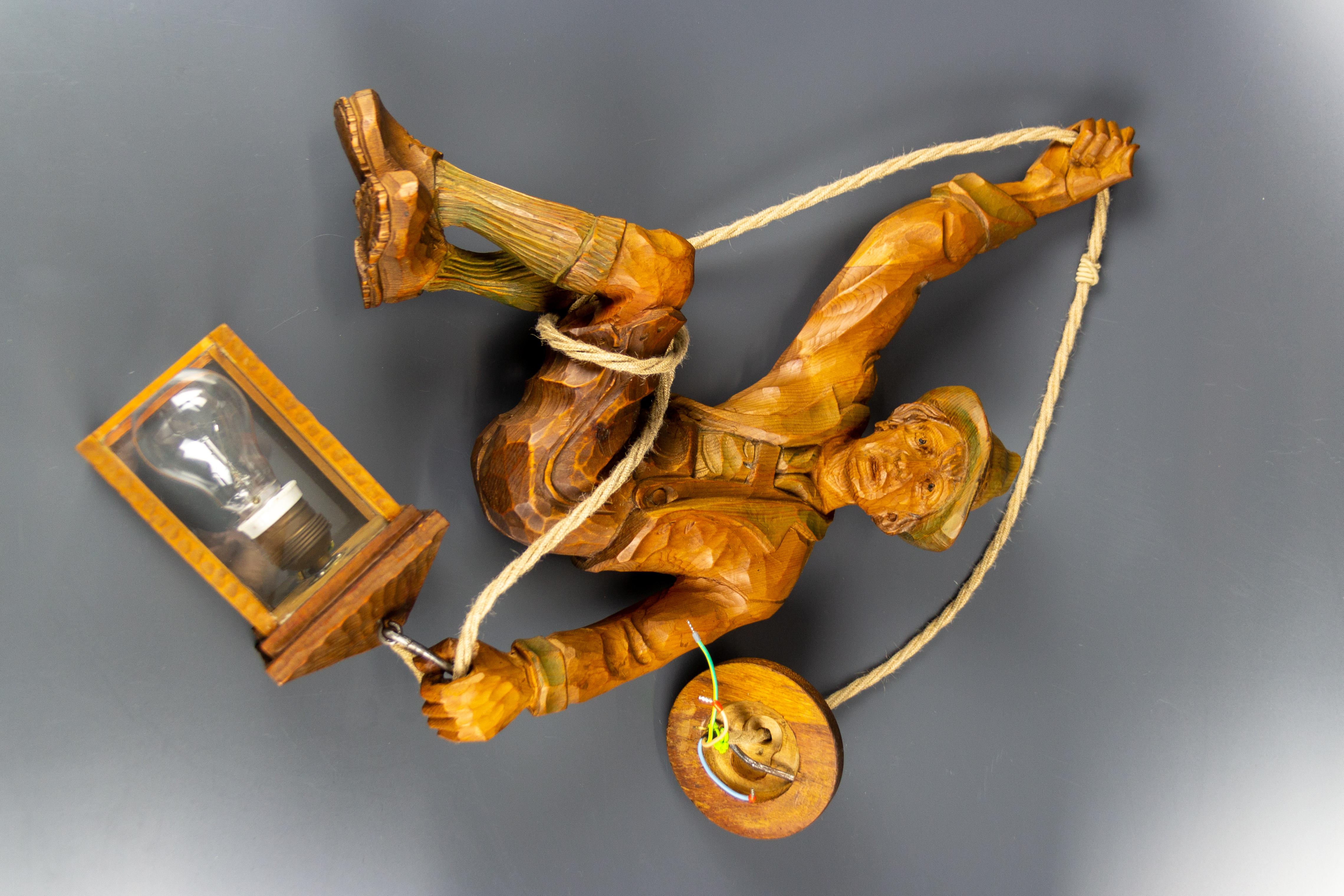 Pendant Light with a Large Wooden Figure Mountain Climber with Lantern, Germany For Sale 7