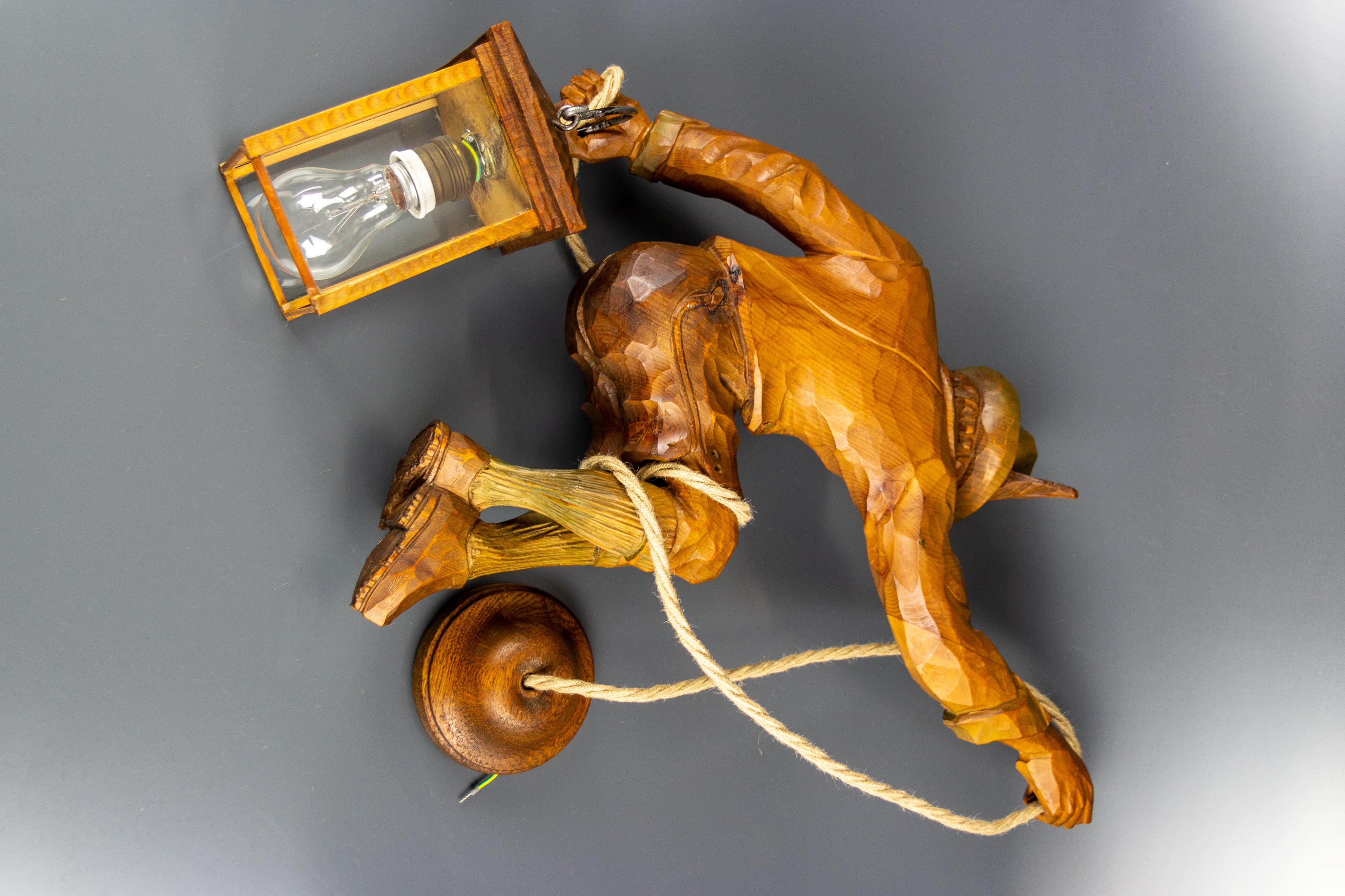 Pendant Light with a Large Wooden Figure Mountain Climber with Lantern, Germany For Sale 10