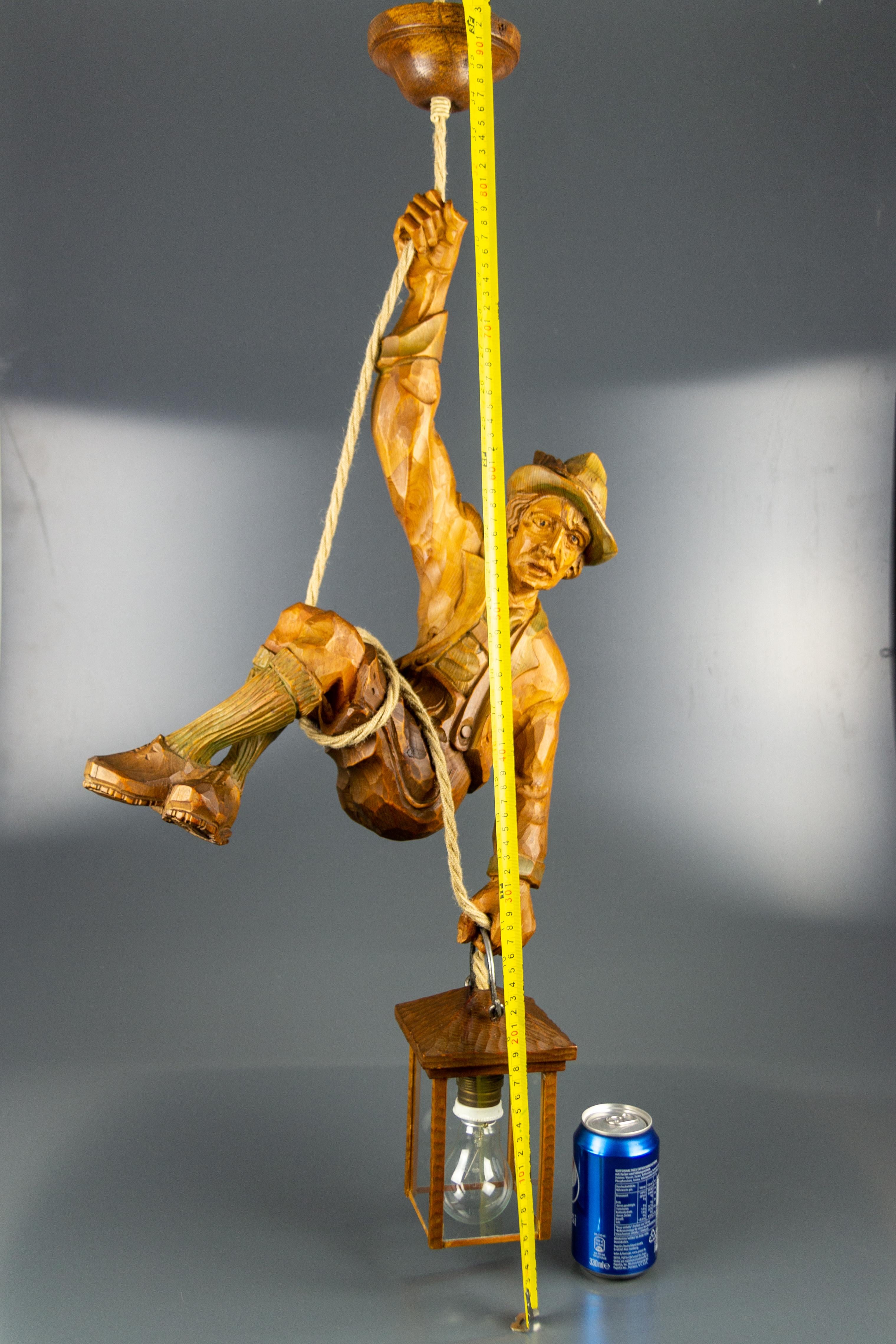 Pendant Light with a Large Wooden Figure Mountain Climber with Lantern, Germany For Sale 12