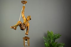 Pendant Light with a Large Wooden Figure Mountain Climber with Lantern, Germany