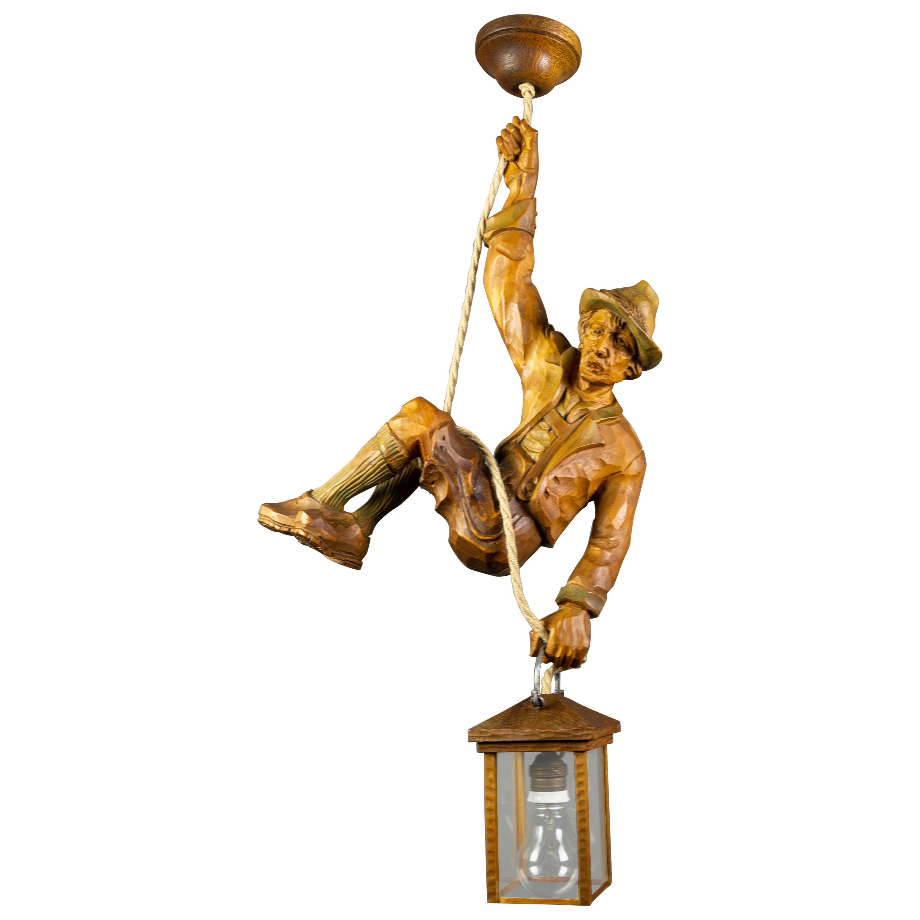 Pendant Light with a Large Wooden Figure Mountain Climber with Lantern, Germany