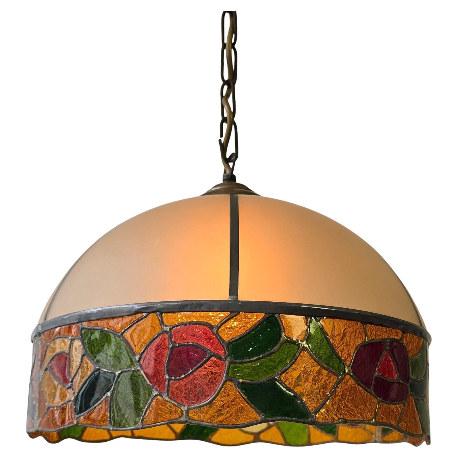 Pendant Light with Frosted Glass Dome and Stained Glass