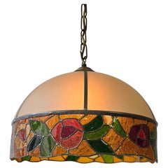 Pendant Light with Frosted Glass Dome and Stained Glass