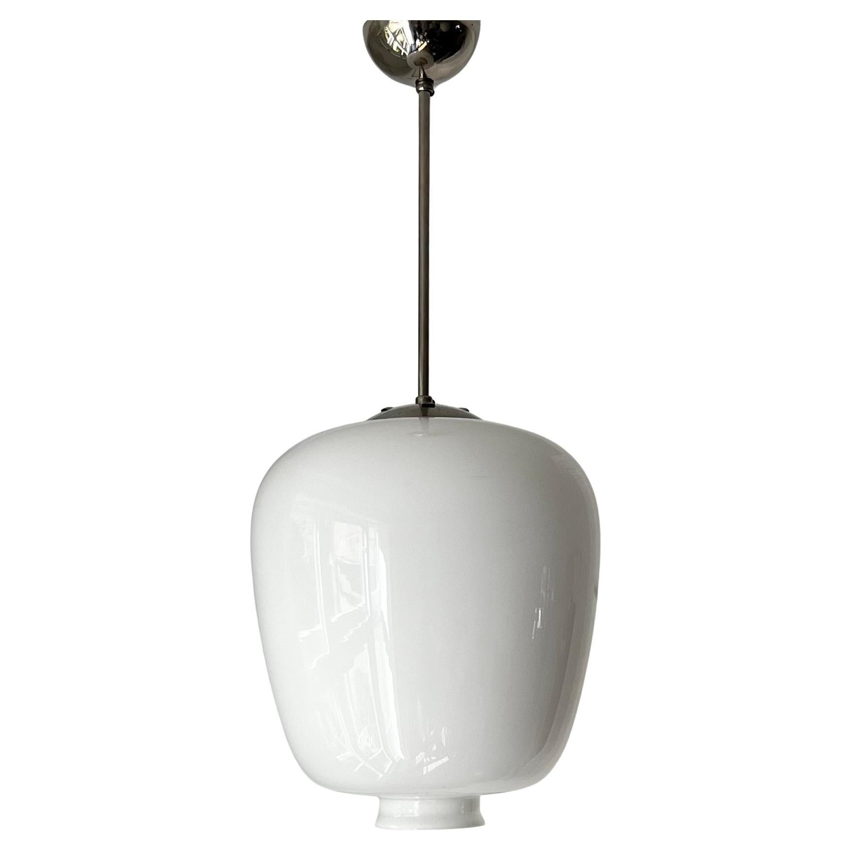 Pendant Light with Large White Glass Shade attributed to Pukeberg, Sweden