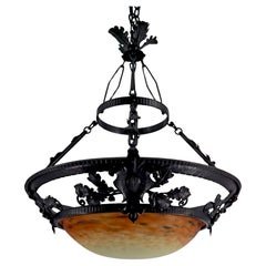 Pendant Light, Wrought Iron and Blown Glass Paste, Attributed to Muller Frères