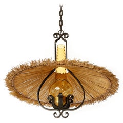 Pendant Light, Wrought Iron Brass Straw Amber Glass, 1960
