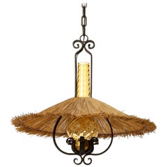 Pendant Light, Wrought Iron Brass Straw Amber Glass, 1960