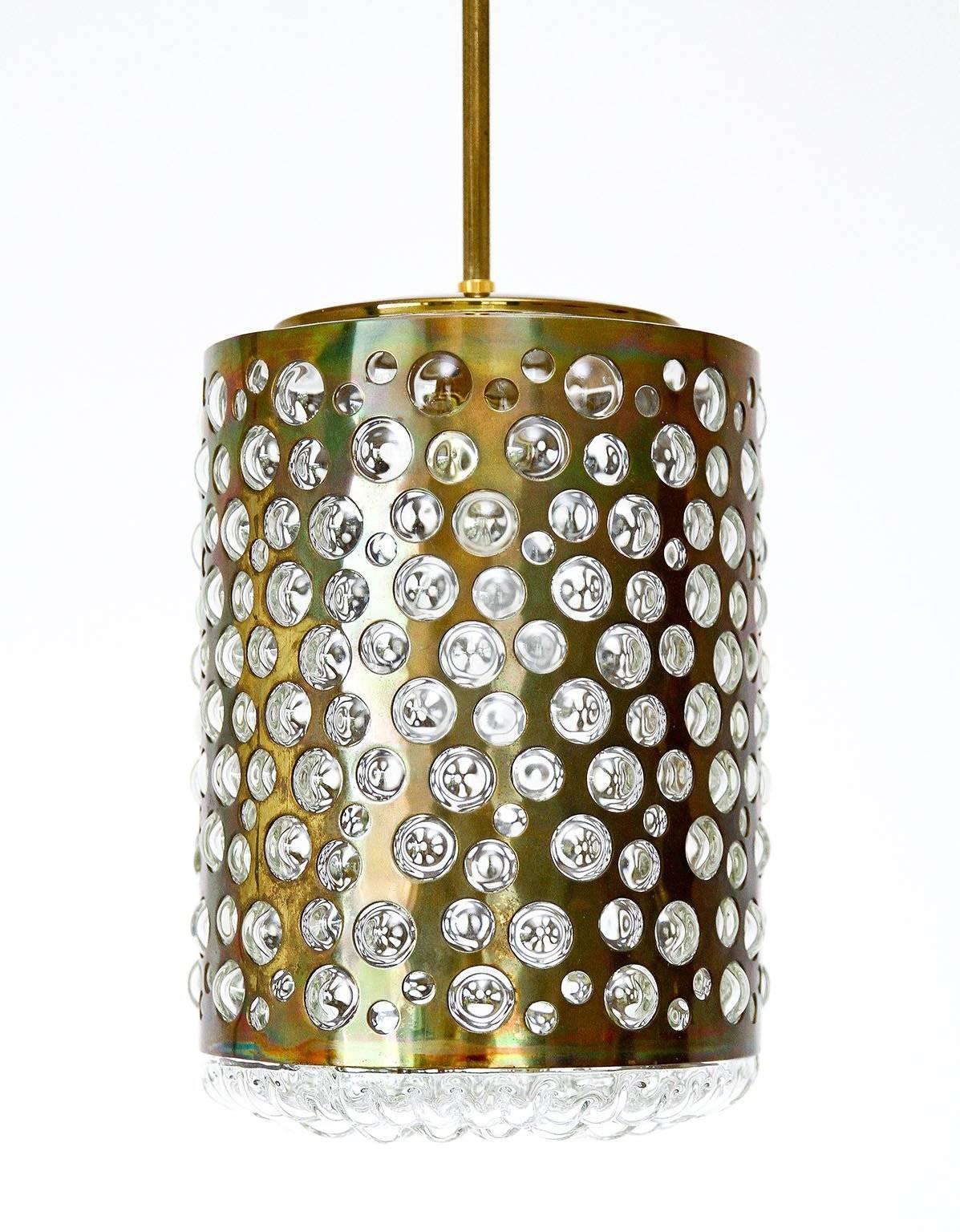 Mid-Century Modern Pendant Lights, Patinated Brass and Bubble Glass, Rupert Nikoll, Austria, 1960