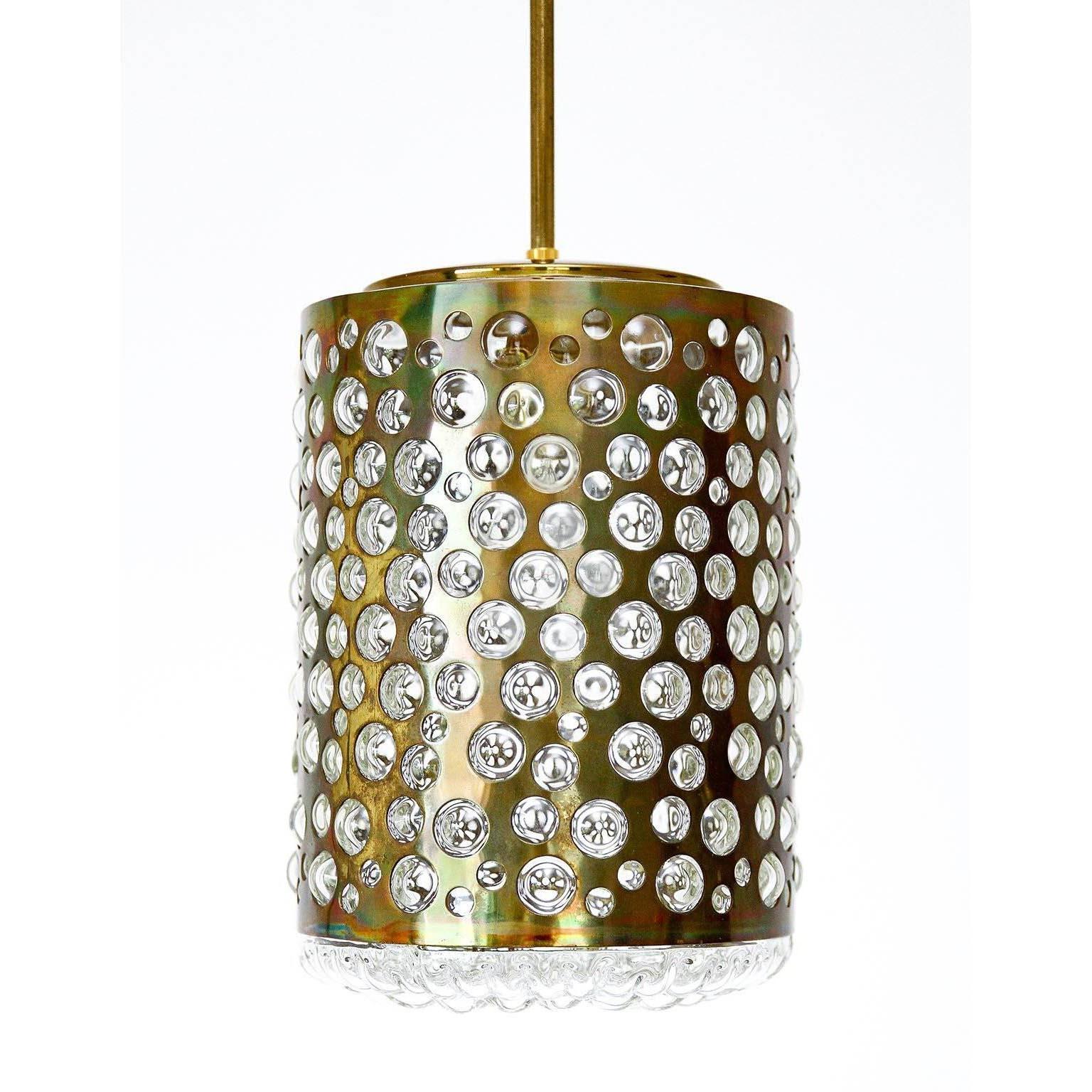 Mid-Century Modern 1 of 3 Pendant Lights, Patinated Brass and Glass, Rupert Nikoll, Austria, 1960