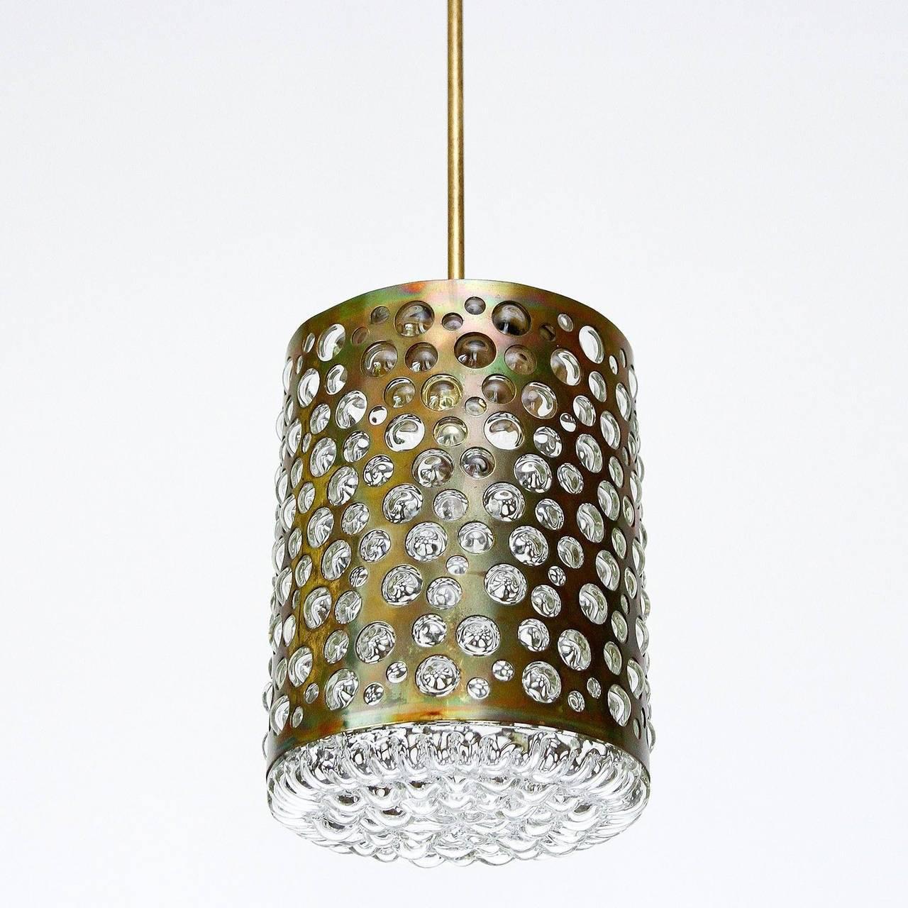 Austrian Pendant Lights, Patinated Brass and Bubble Glass, Rupert Nikoll, Austria, 1960