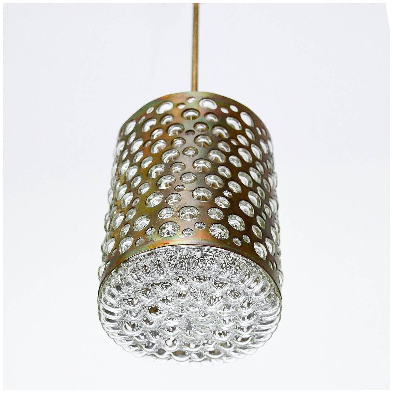 1 of 3 Pendant Lights, Patinated Brass and Glass, Rupert Nikoll, Austria, 1960 In Good Condition In Hausmannstätten, AT