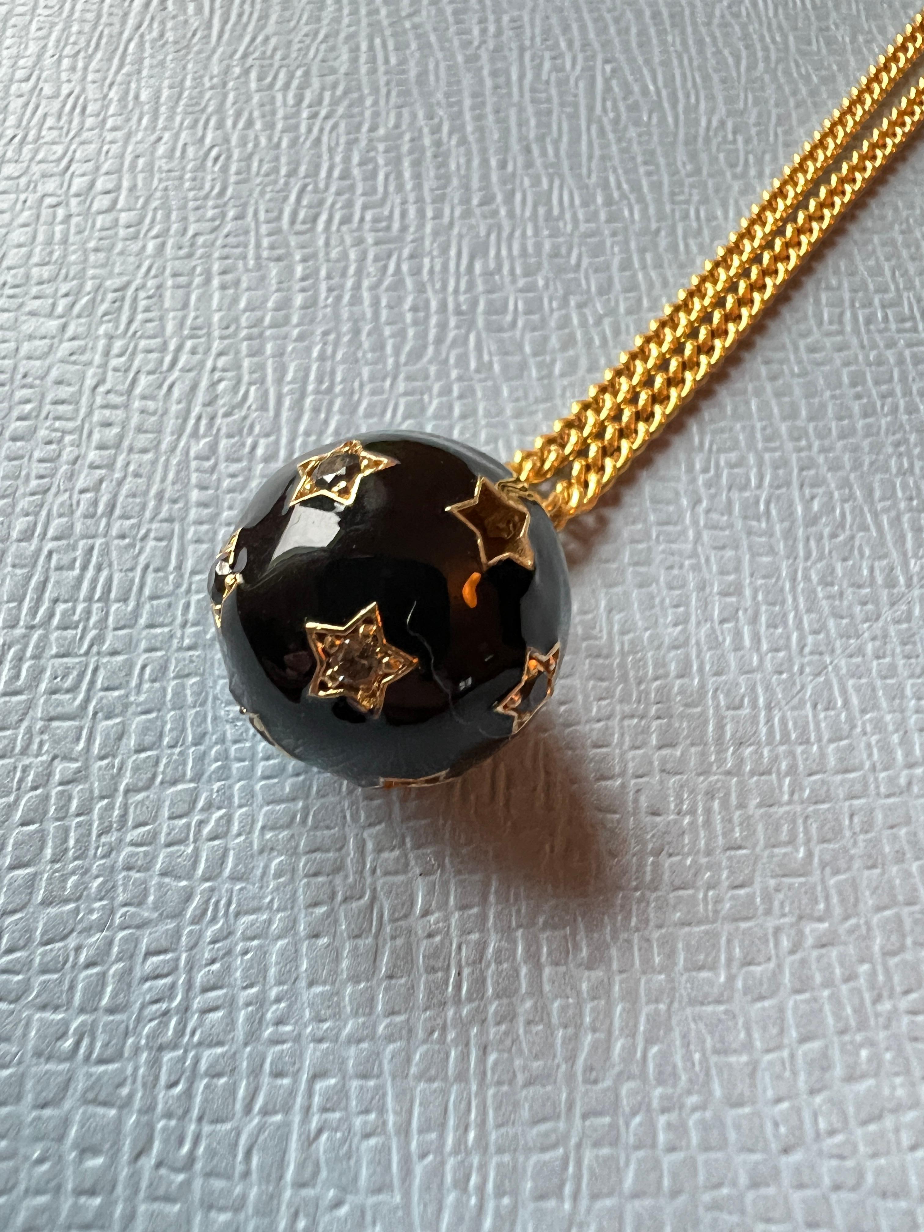 Women's Pendant Long Chain Necklace Stars Sphere White Diamond Black Enamel For Sale