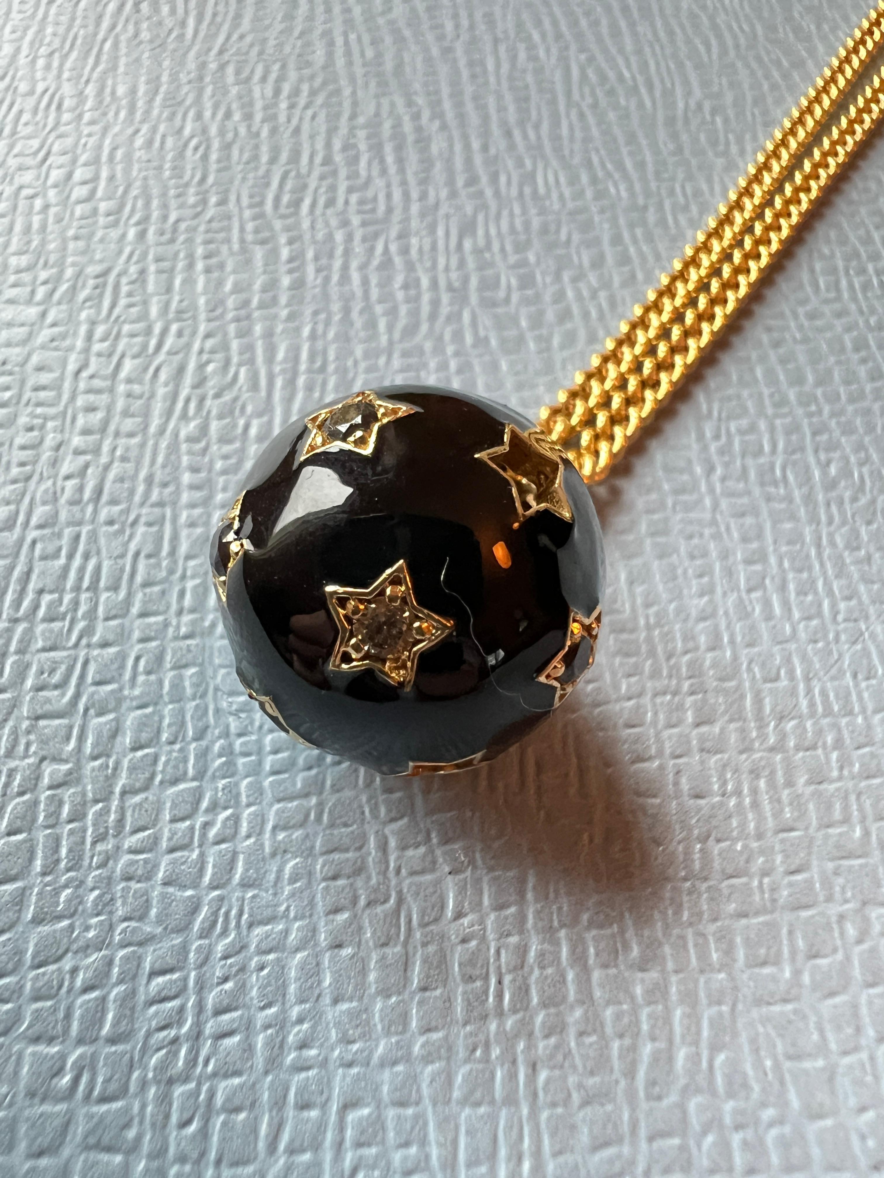 Pendant Long Chain Necklace Stars Sphere White Diamond Black Enamel For Sale 1
