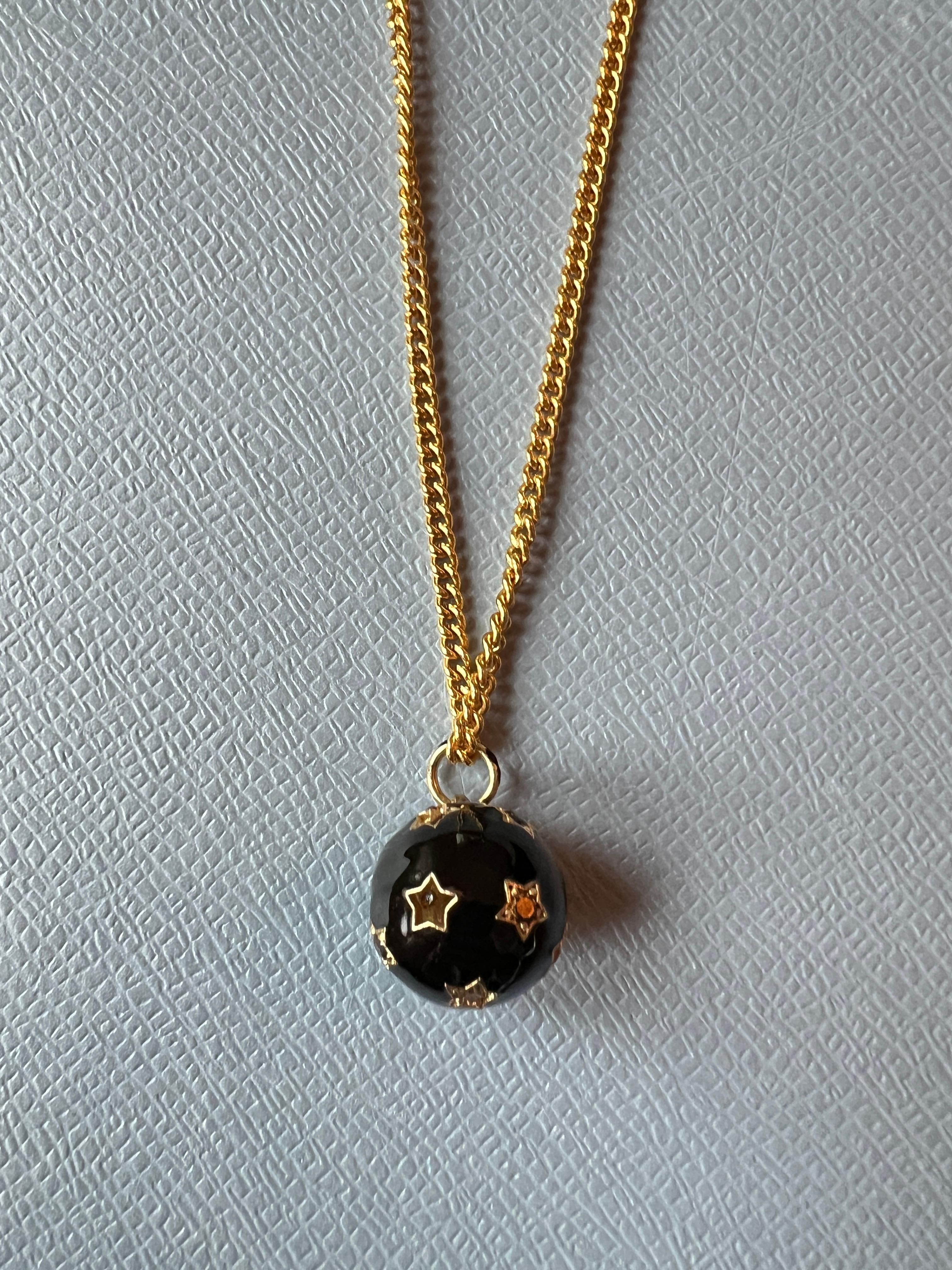Pendant Long Chain Necklace Stars Sphere White Diamond Black Enamel For Sale 3